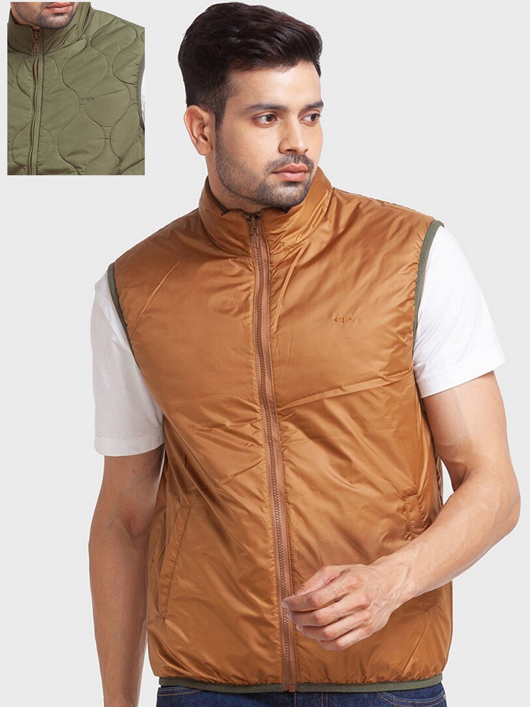 

ColorPlus Men Set Of 2 Green & Tan Mock Collar Puffer Jacket
