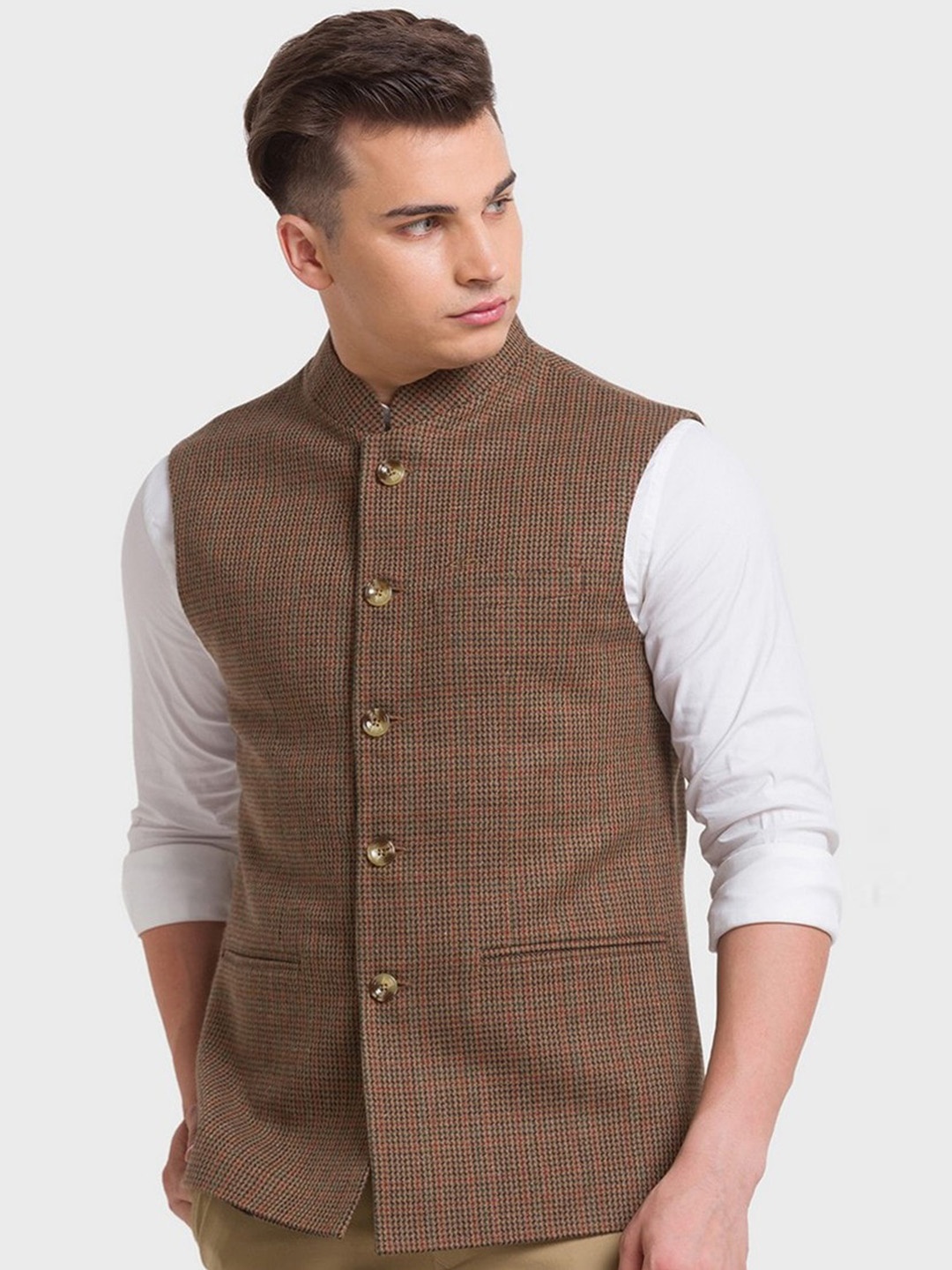 

ColorPlus Plus-Size Men Beige Checked Nehru Jacket