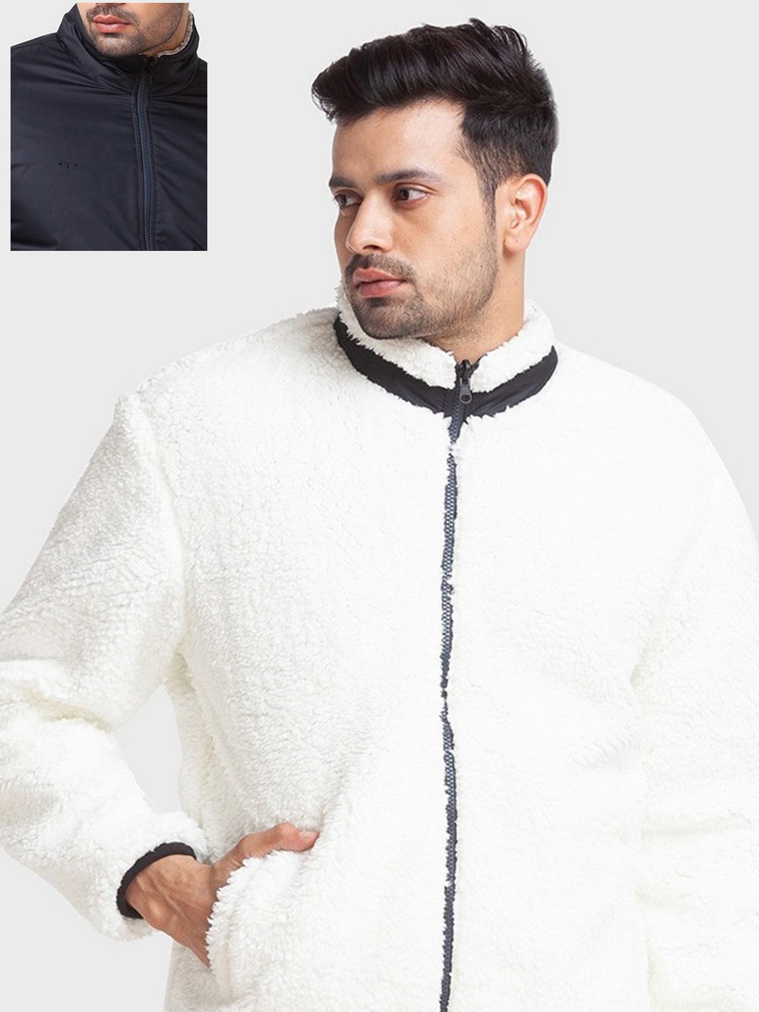 

ColorPlus Plus-Size Men Navy Blue & White Open Front Jacket