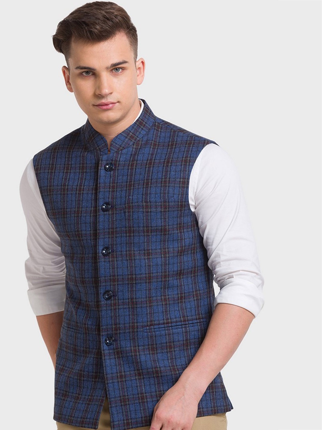 

ColorPlus Plus-Size Men Blue Checked Nehru Jacket