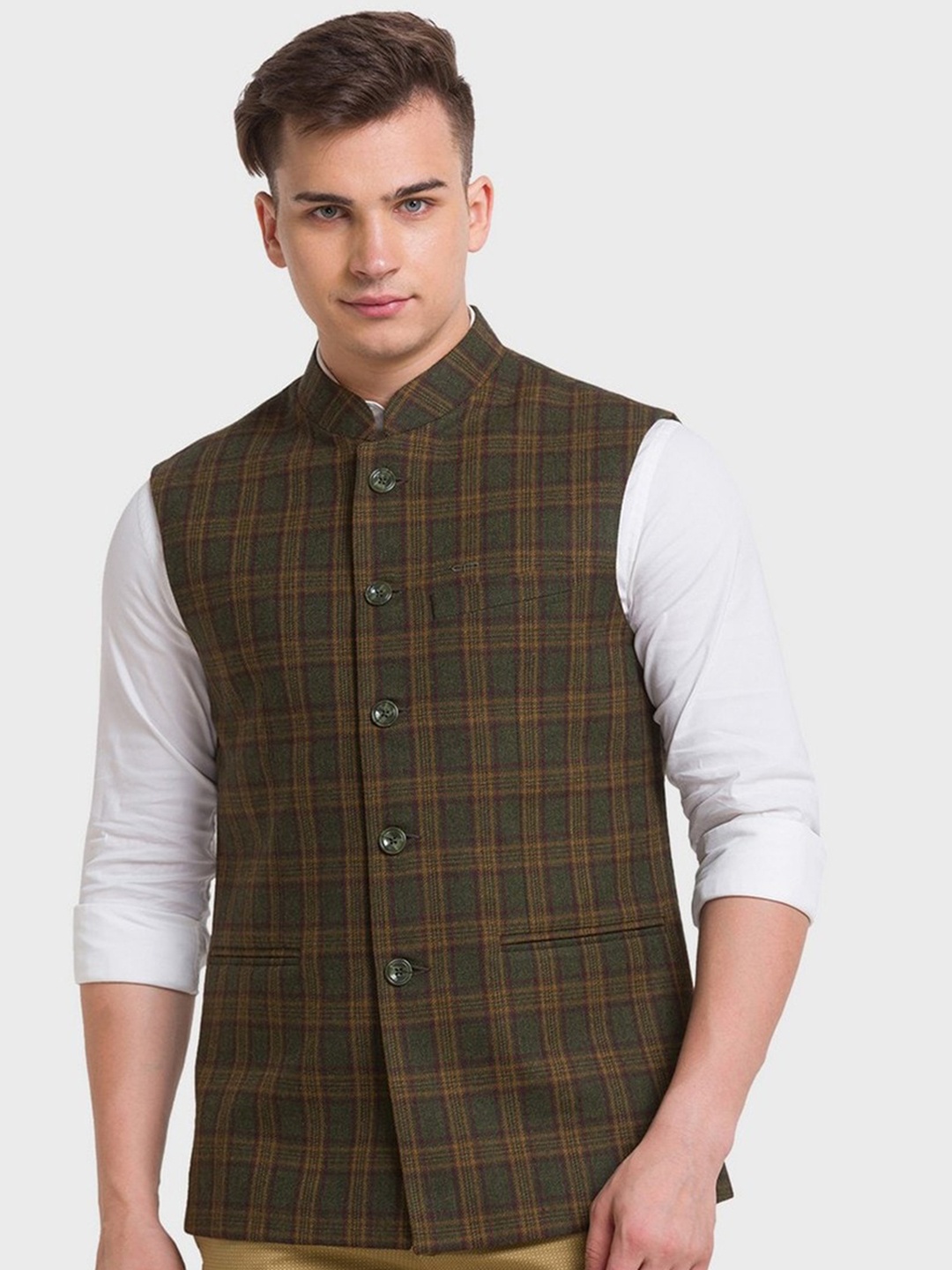 

ColorPlus Plus-Size Men Green Checked Nehru Jacket