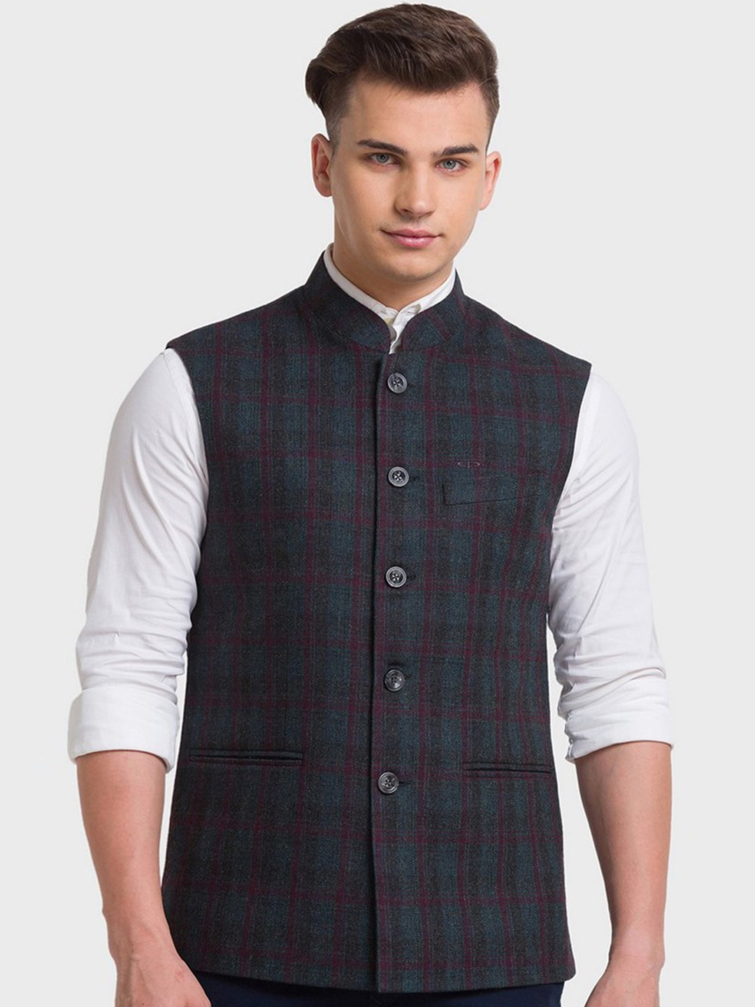 

ColorPlus Plus-Size Men Grey Checked Nehru Jacket