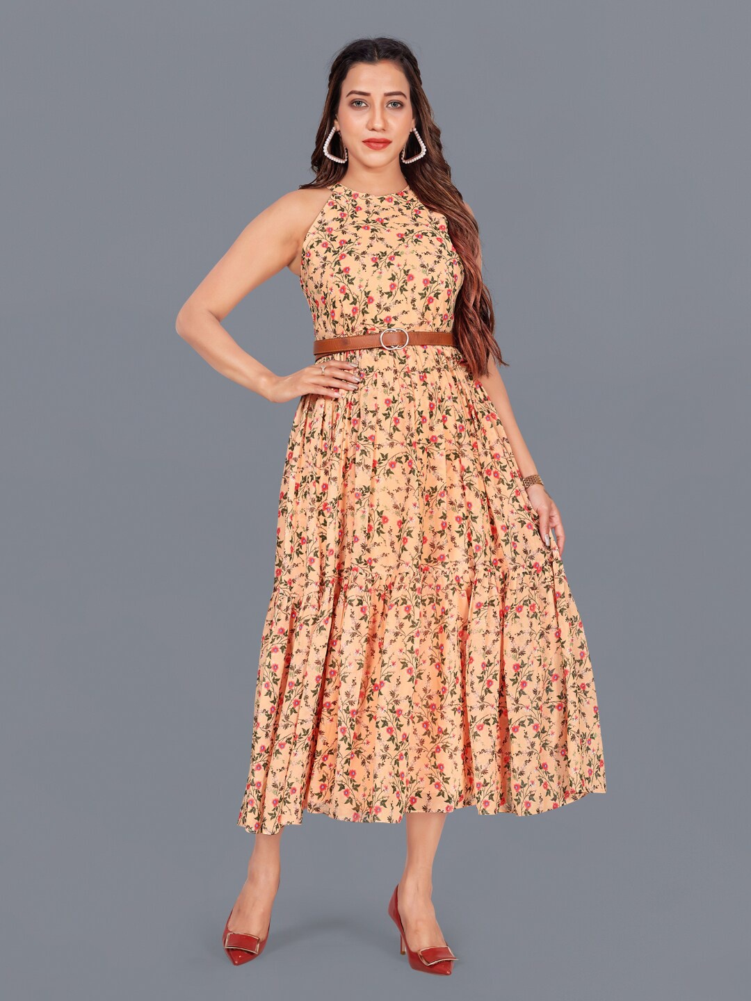 

FASHION DREAM Women Cream-Coloured Floral Georgette Midi Dress