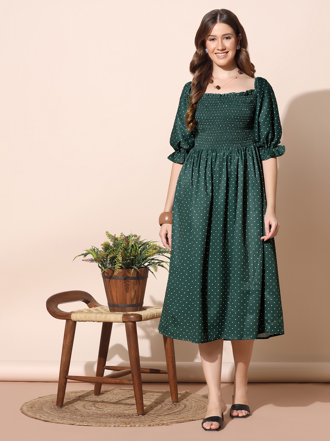 

FASHION DREAM Green Ethnic Motifs A-Line Midi Dress