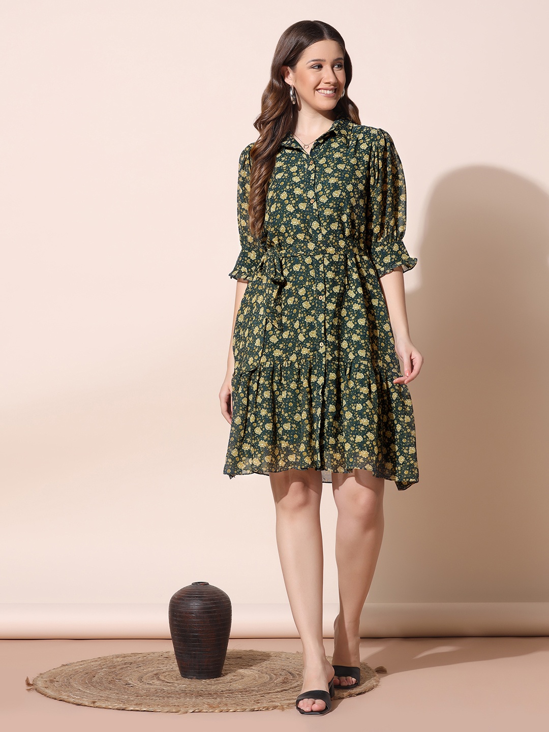 

FASHION DREAM Women Olive Green Floral Printed Georgette Drop-Waist Dress