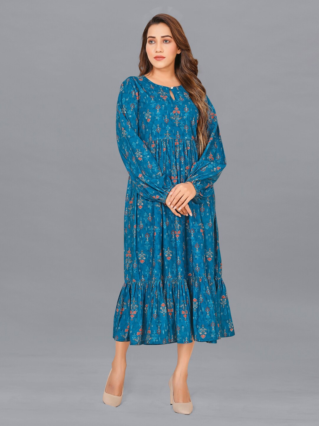 

FASHION DREAM Blue Floral Tie-Up Neck A-Line Midi Dress