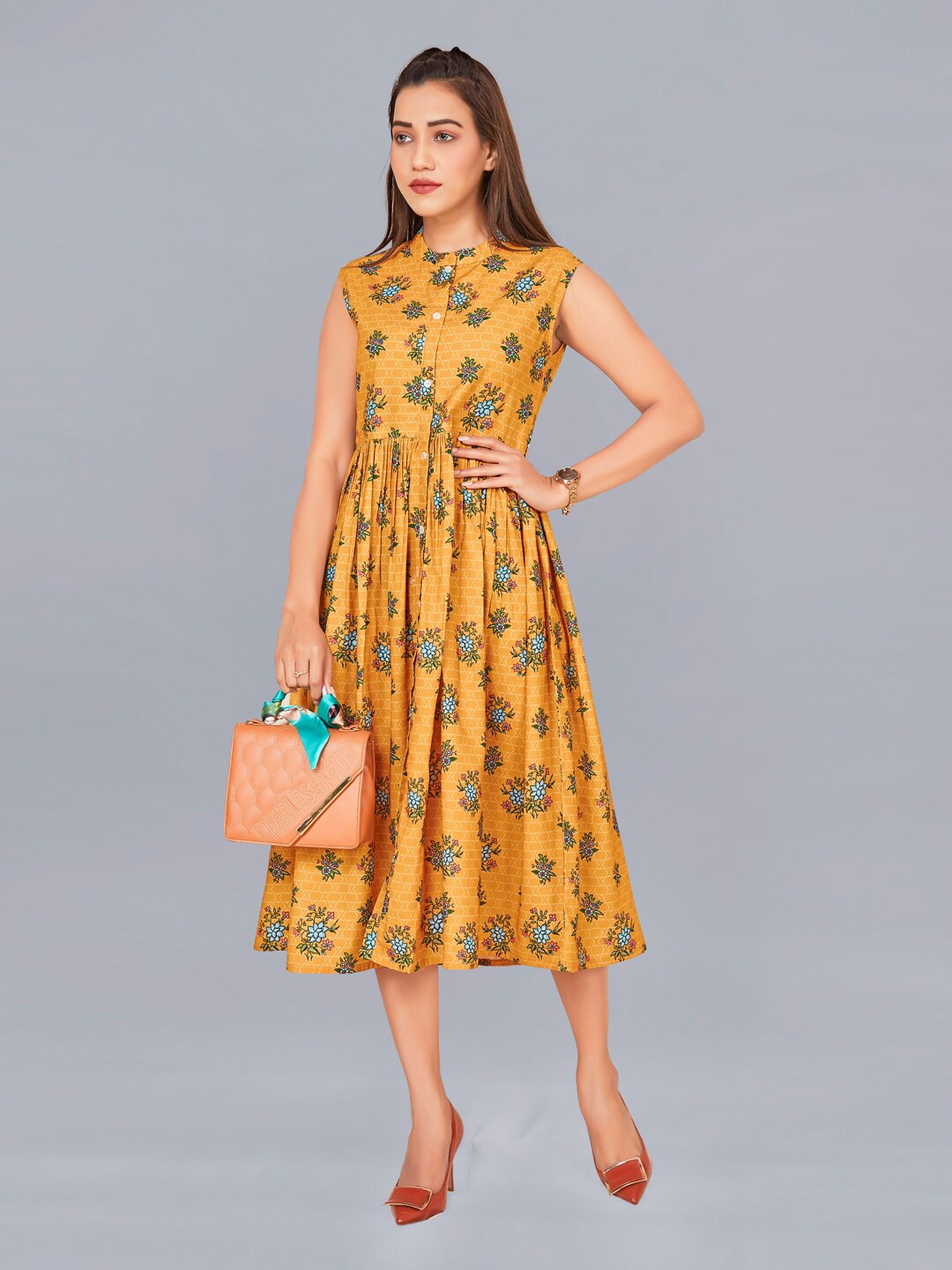 

FASHION DREAM Women Yellow Floral Printed Midi Dress