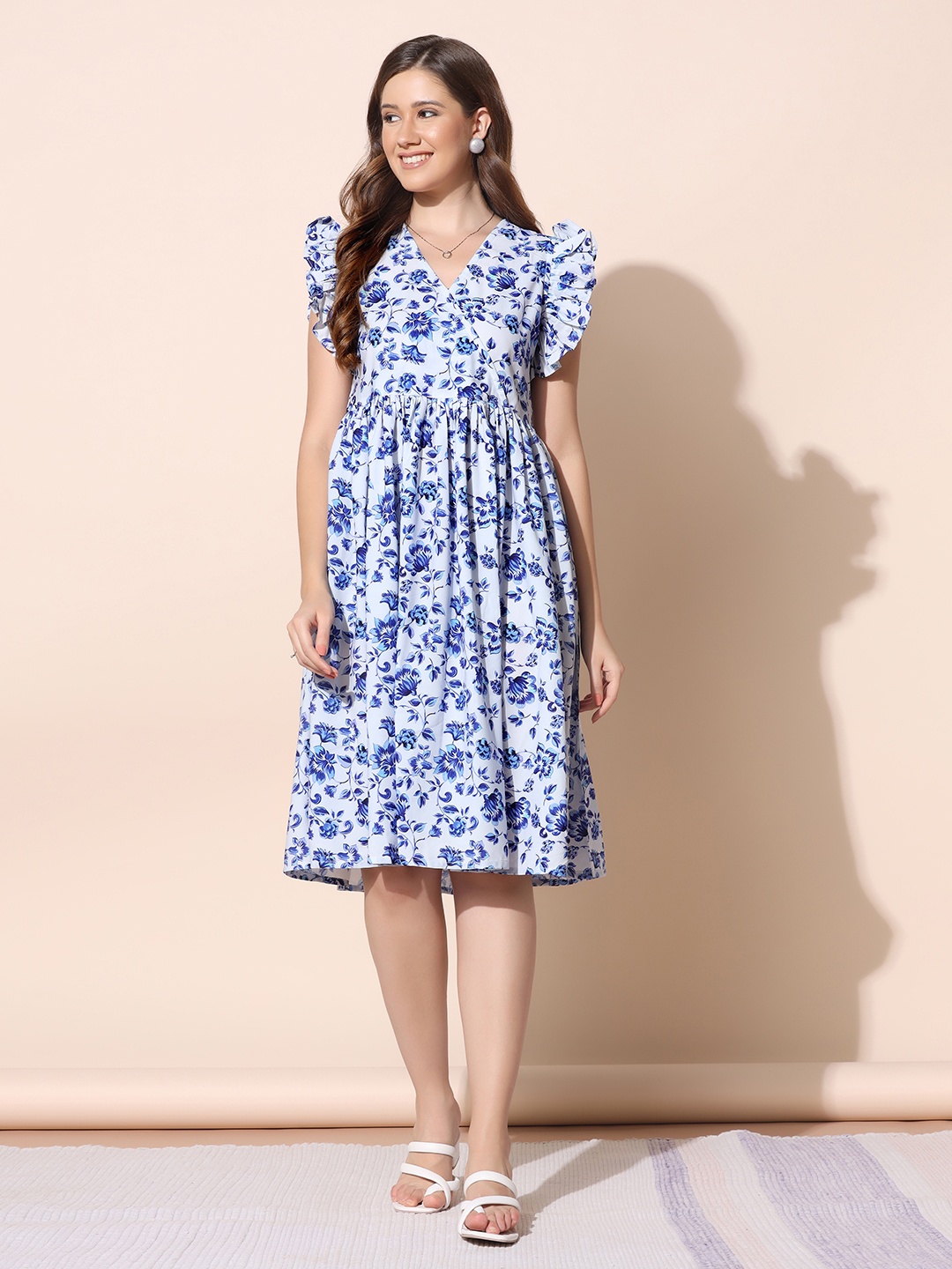 

FASHION DREAM Blue Floral A-Line Midi Dress