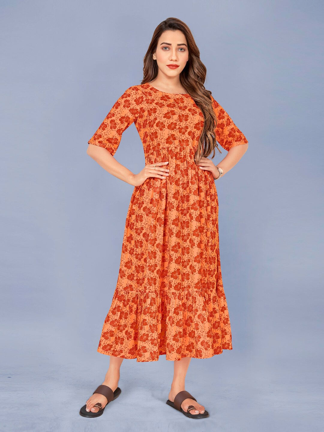

FASHION DREAM Women Orange Floral Printed Midi Dress
