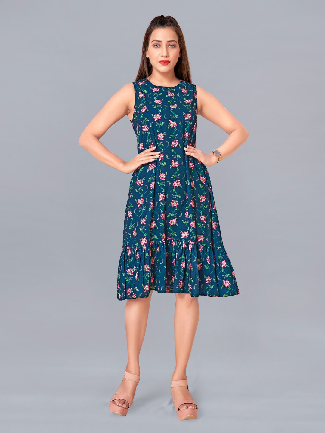 

FASHION DREAM Women Navy Blue Floral A-Line Dress