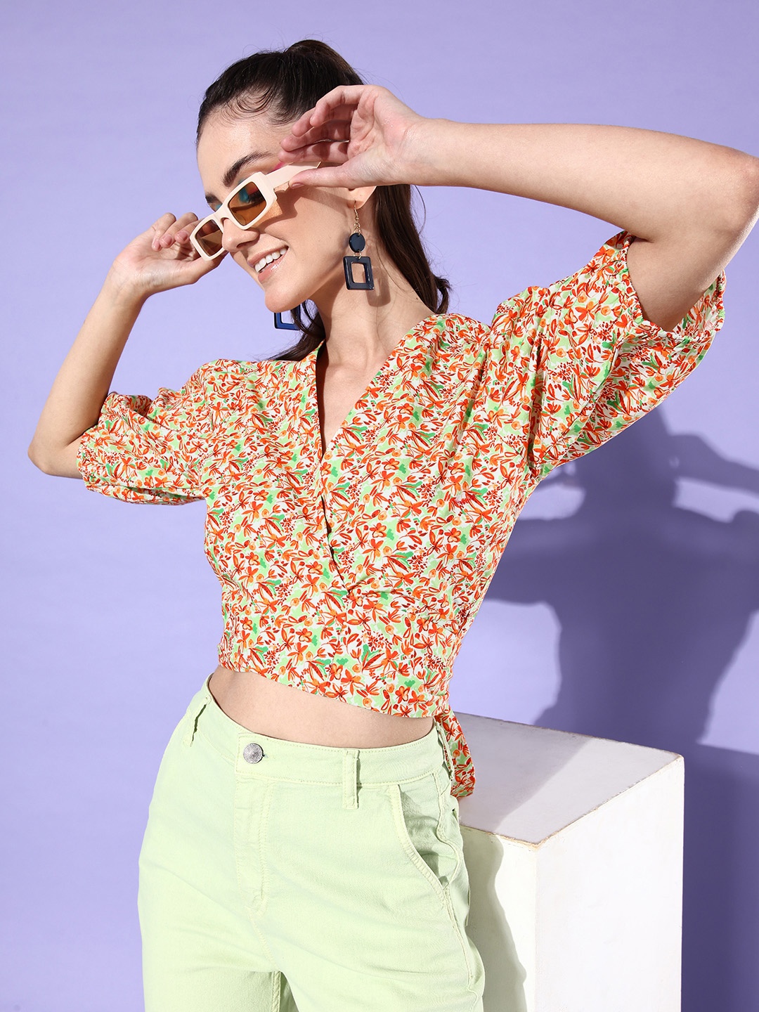 

StyleCast Women Orange & Green Tropical Print Wrap Crop Top