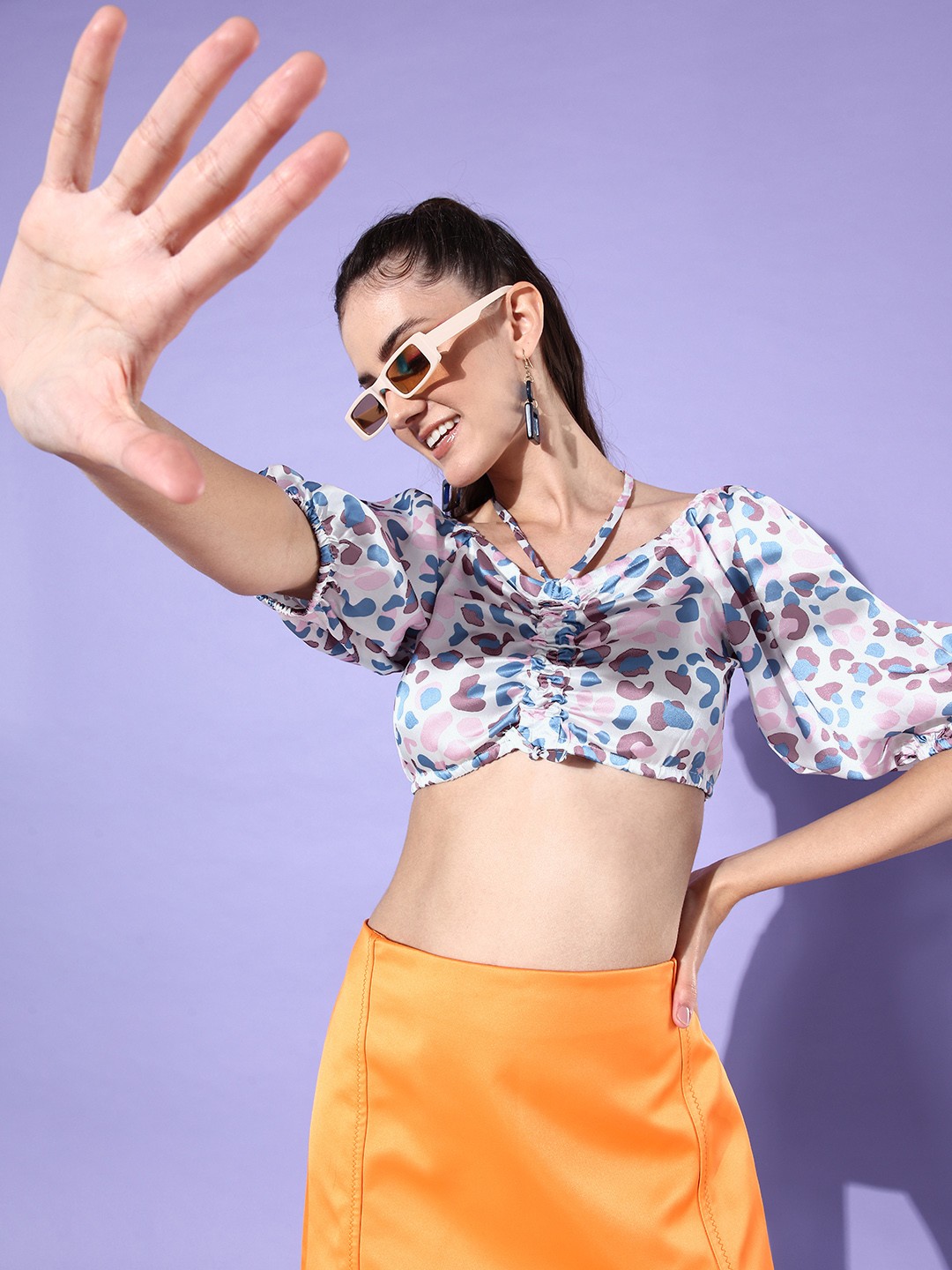

StyleCast Women Blue & Pink Print Halter Neck Blouson Crop Top