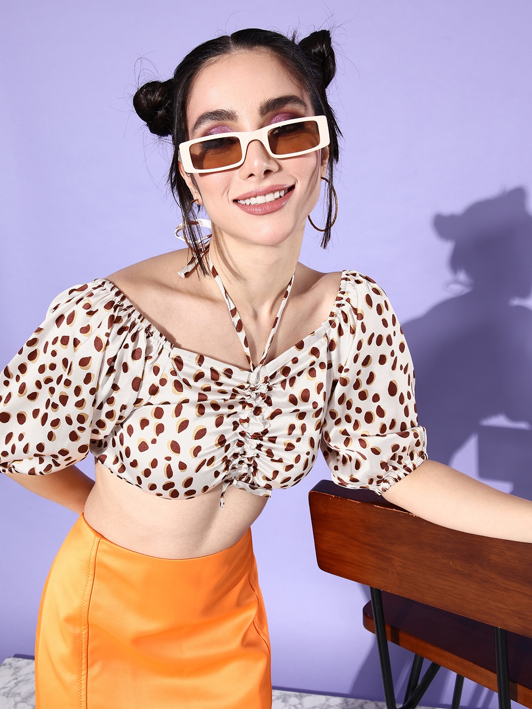 

StyleCast Women Brown & White Print Halter Neck Blouson Crop Top
