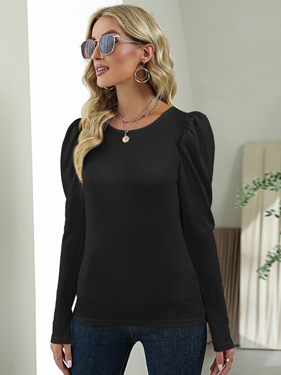 

BoStreet Women Black Solid Puff Sleeves Top