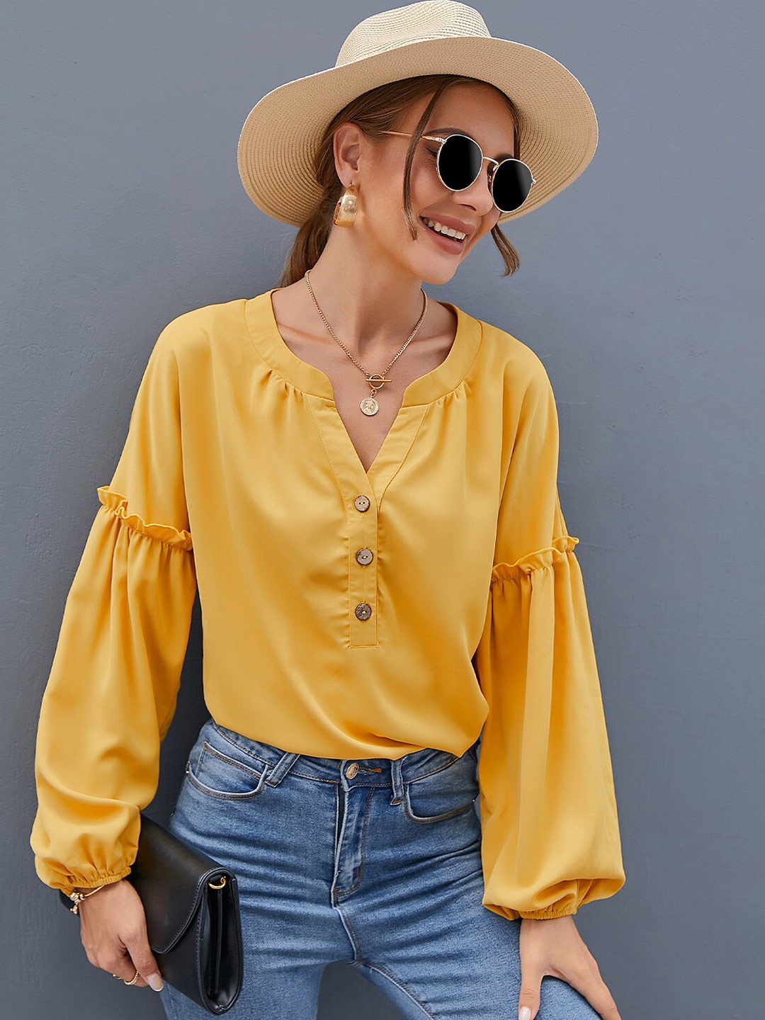 

BoStreet Women Yellow Solid Bishop Sleeves V-Neck Top