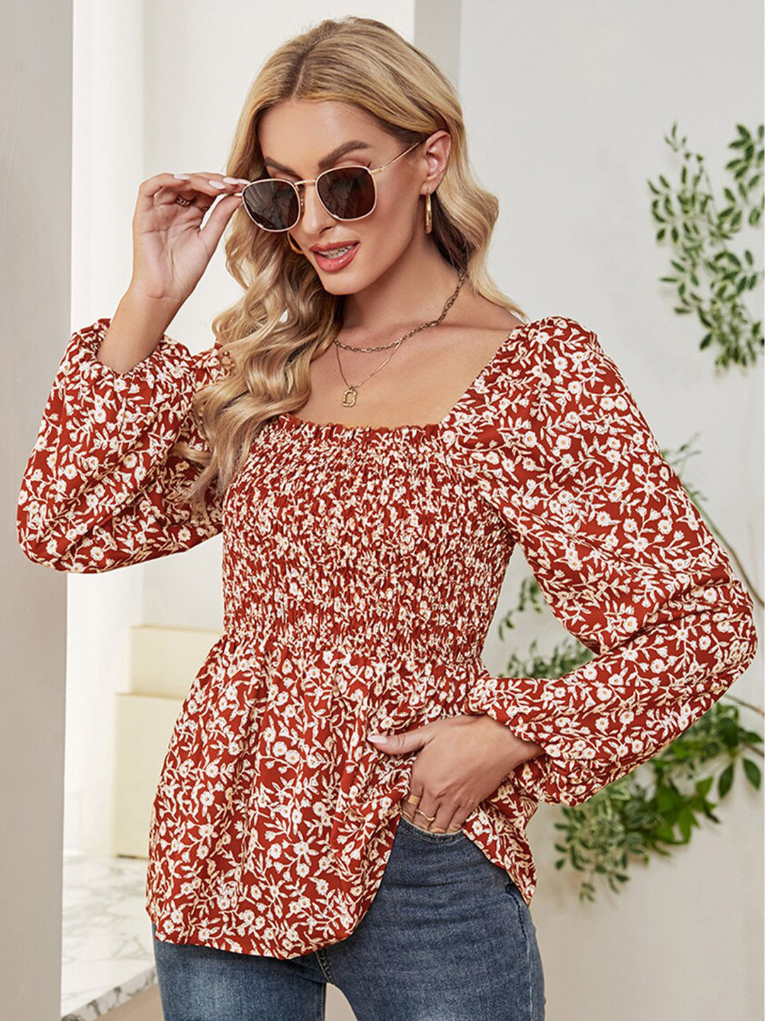 

BoStreet Red Floral Print Top