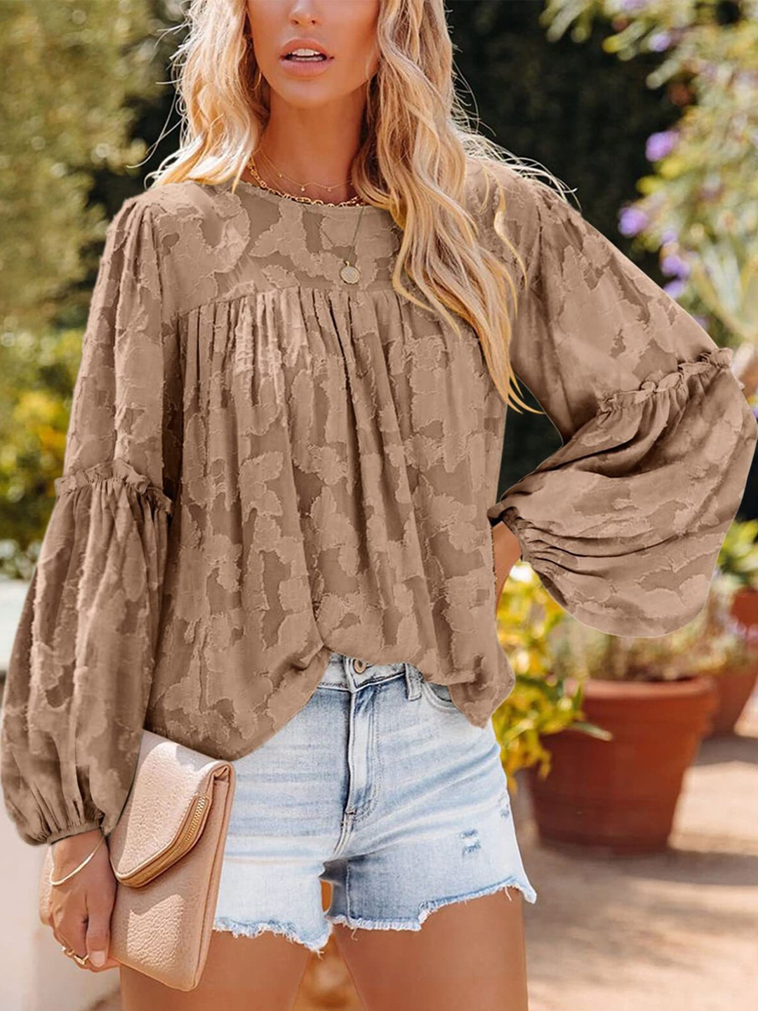 

BoStreet Women Brown Self Design Bishop Sleeves Top