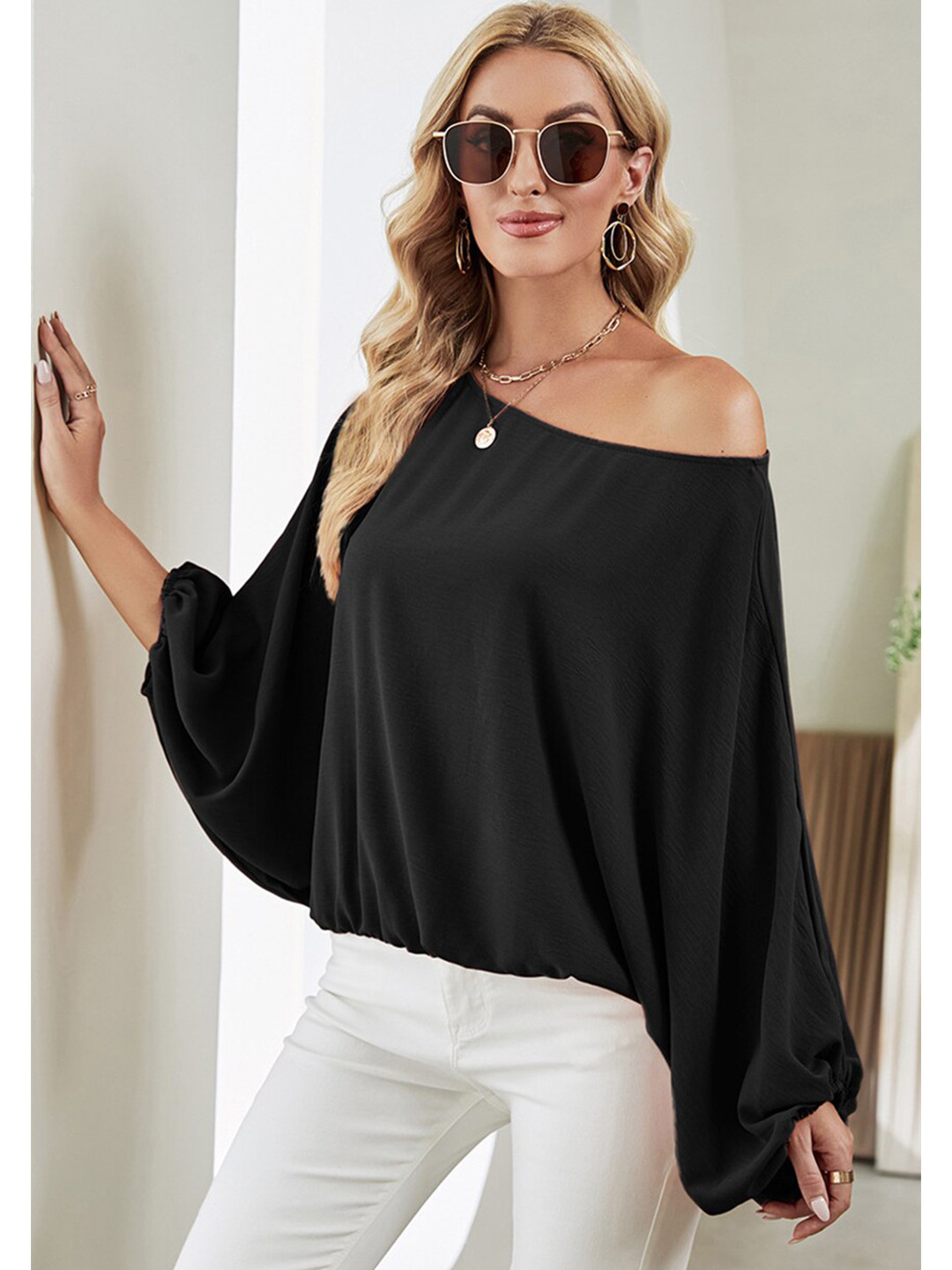 

BoStreet Women Black One Shoulder kimono sleeves Top