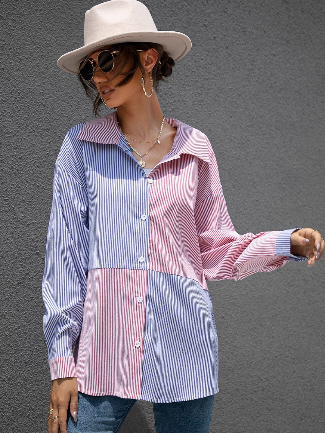 

BoStreet Women Blue & Red Striped Shirt Style Top