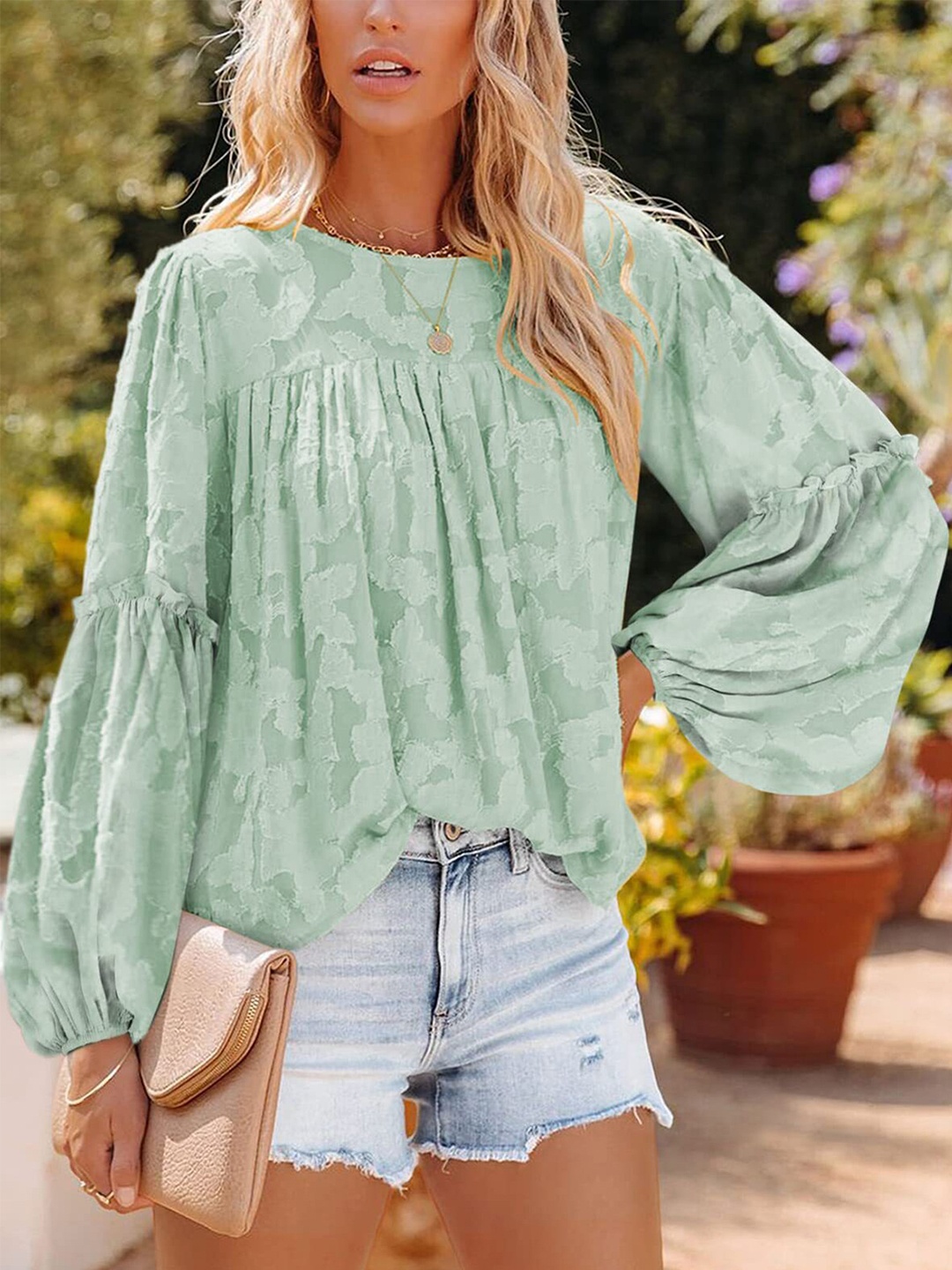 

BoStreet Green Floral Print Bishop Sleeves Top