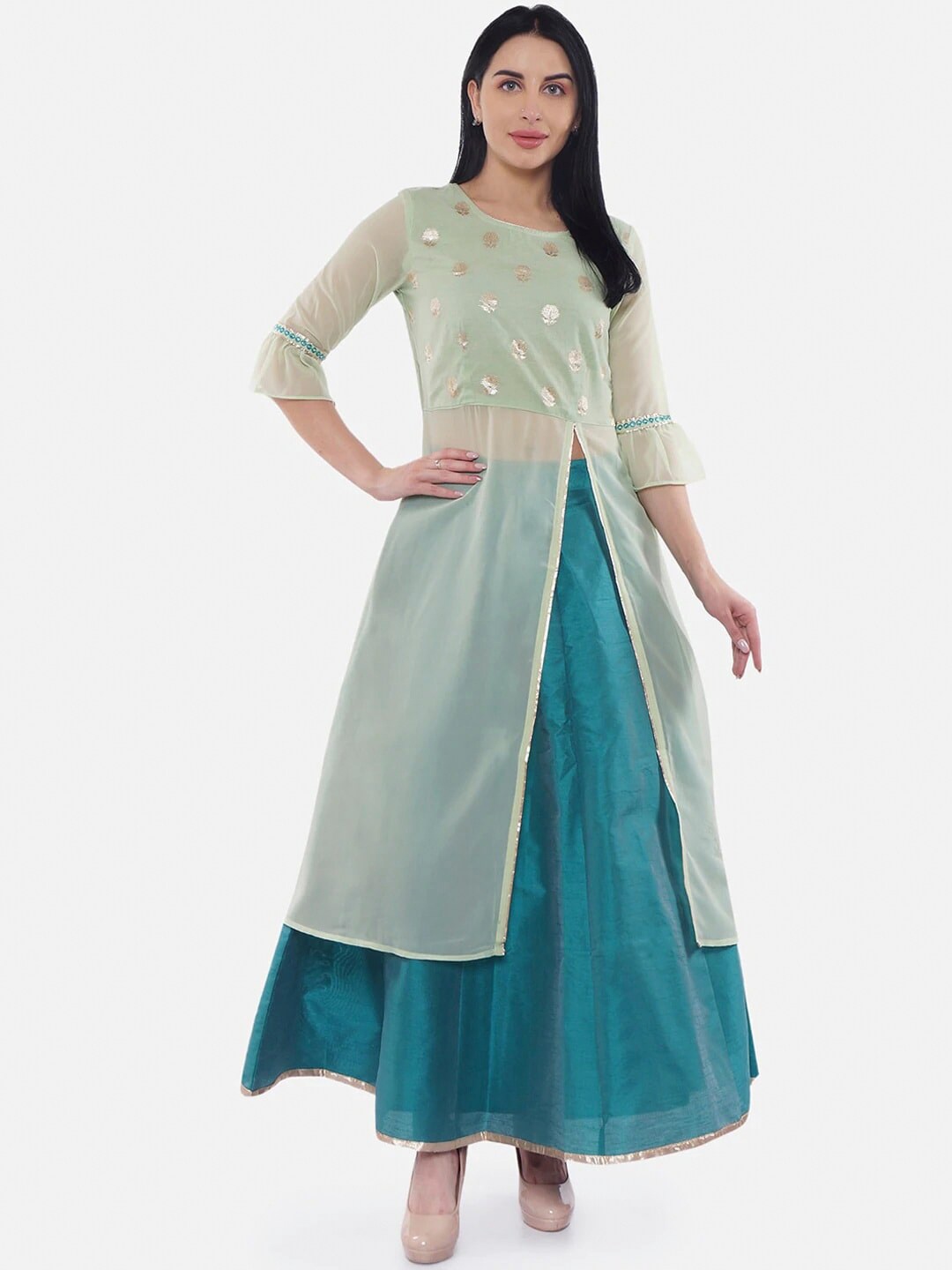 

Be Indi Green & White Printed Ready to Wear Lehenga
