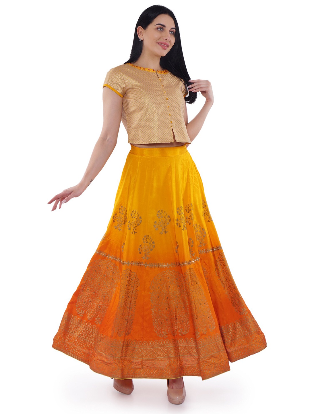 

Be Indi Orange & Gold-Toned Printed Ready to Wear Lehenga