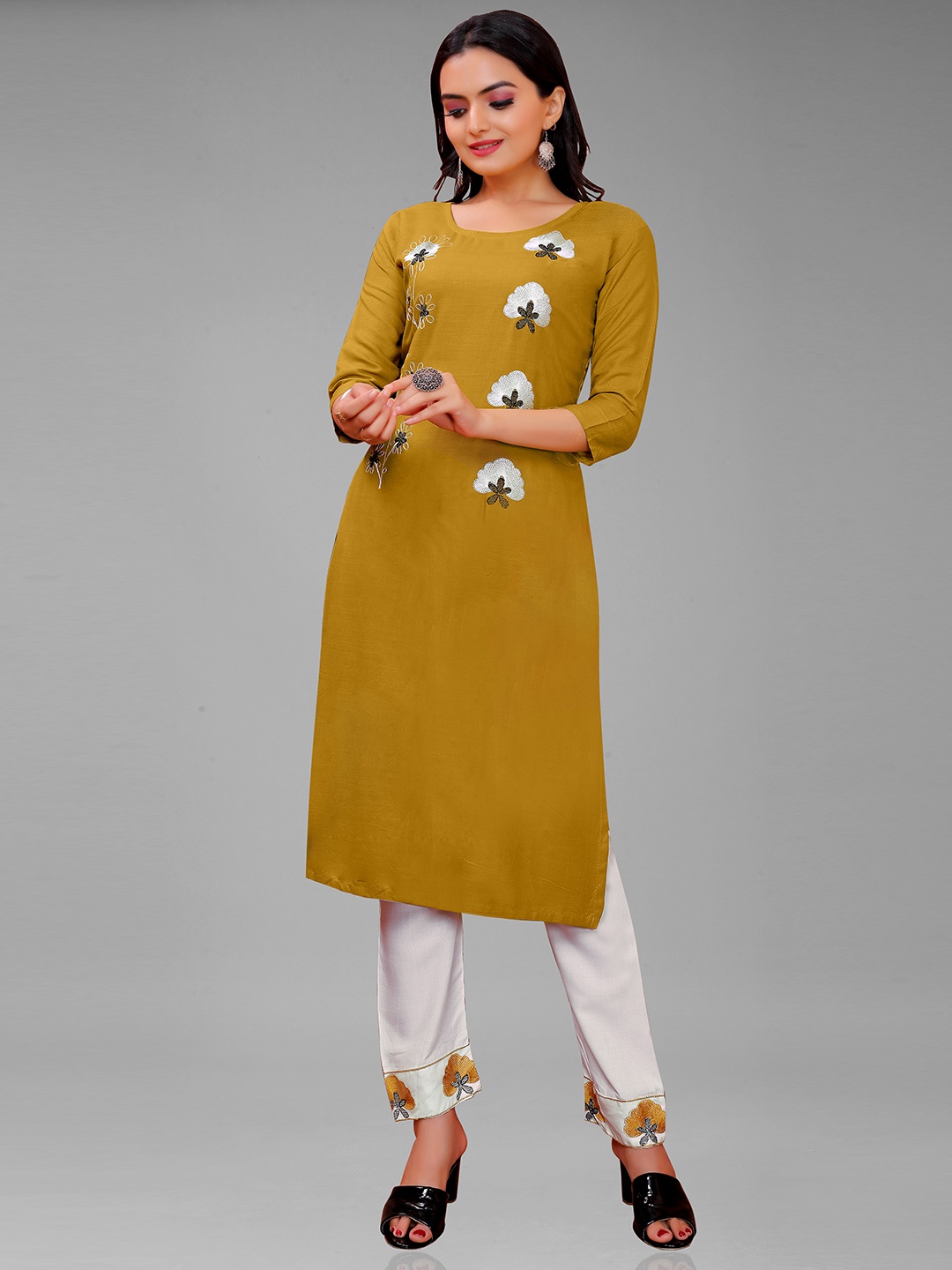 

Paramparik Textile Women Floral Embroidered Kurta with Trouser Set, Mustard