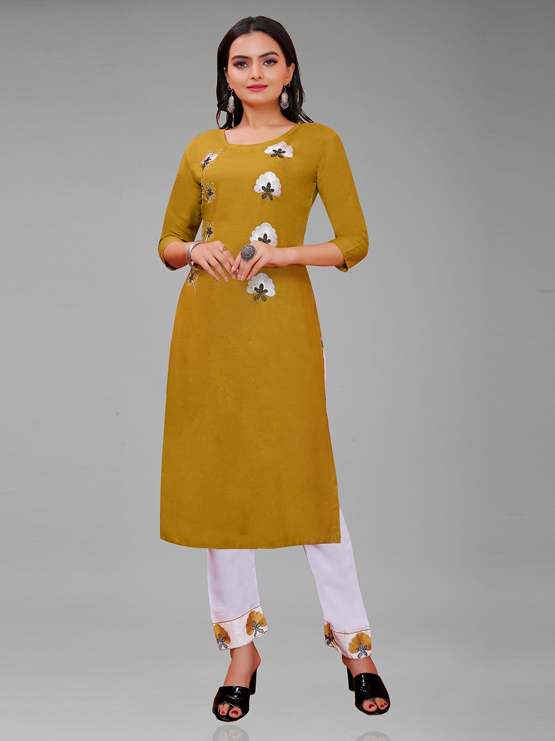 

Paramparik Textile Women Embroidered Cotton Blend Straight Kurta with Trousers, Mustard