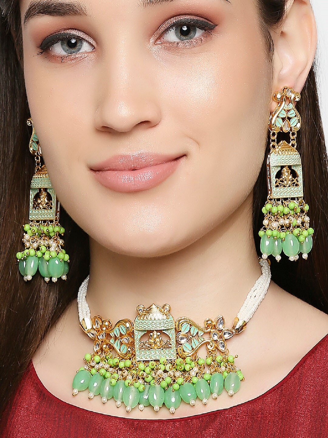 

OOMPH Gold-Toned Green & White Kundan Studded and Beaded Meenakari Jewellery Set