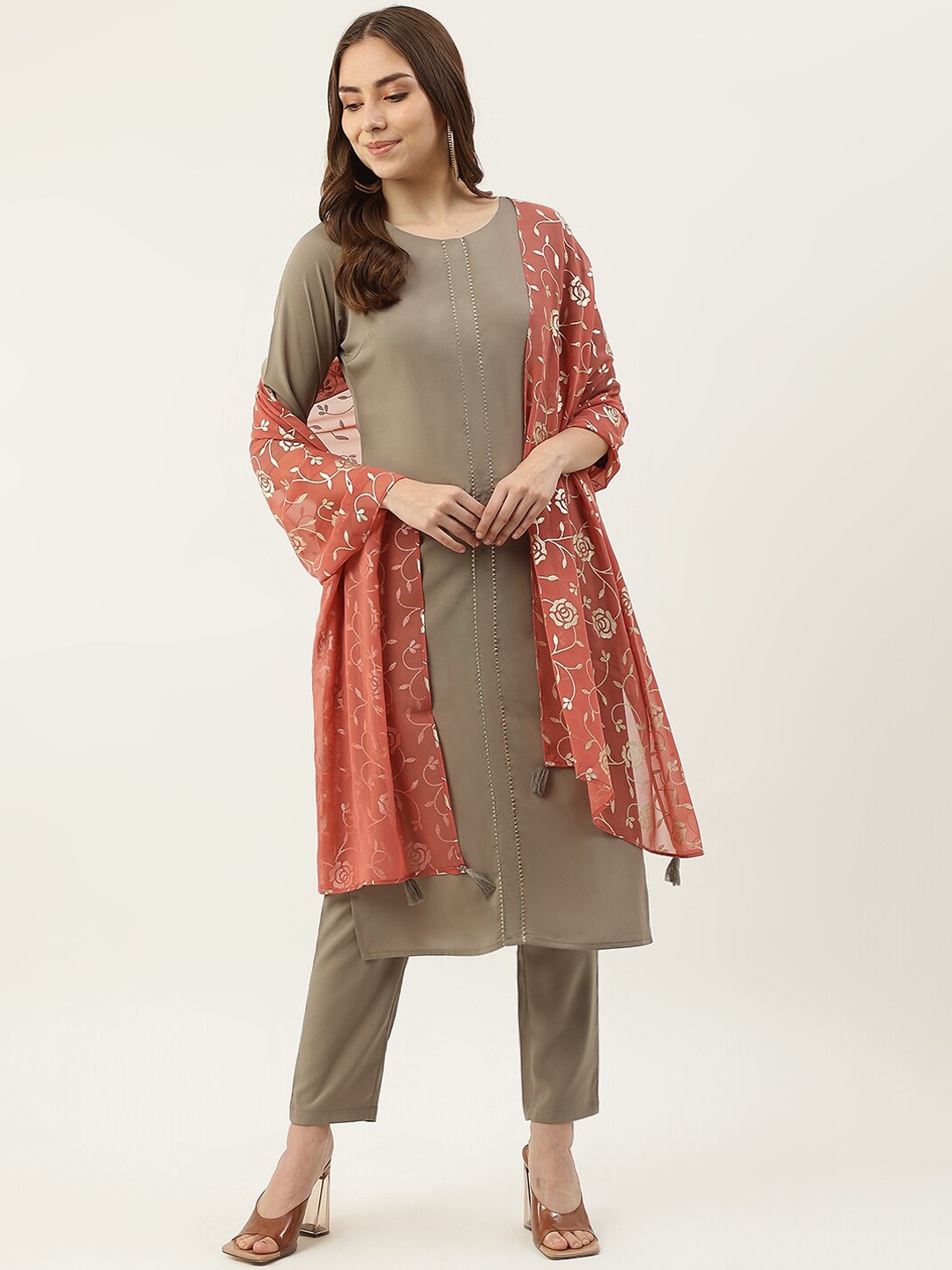 

FIORRA Women Kurta with Trousers & With Dupatta, Grey