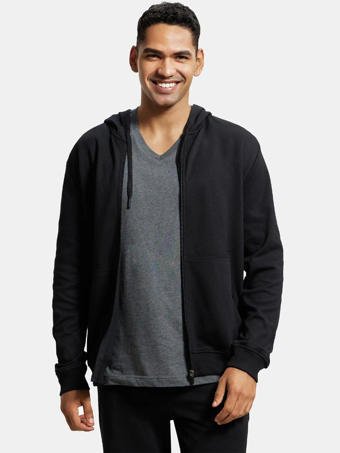 

Jockey Combed Cotton Rich Pique Hoodie Jacket with Ribbed Cuffs-AM61, Black