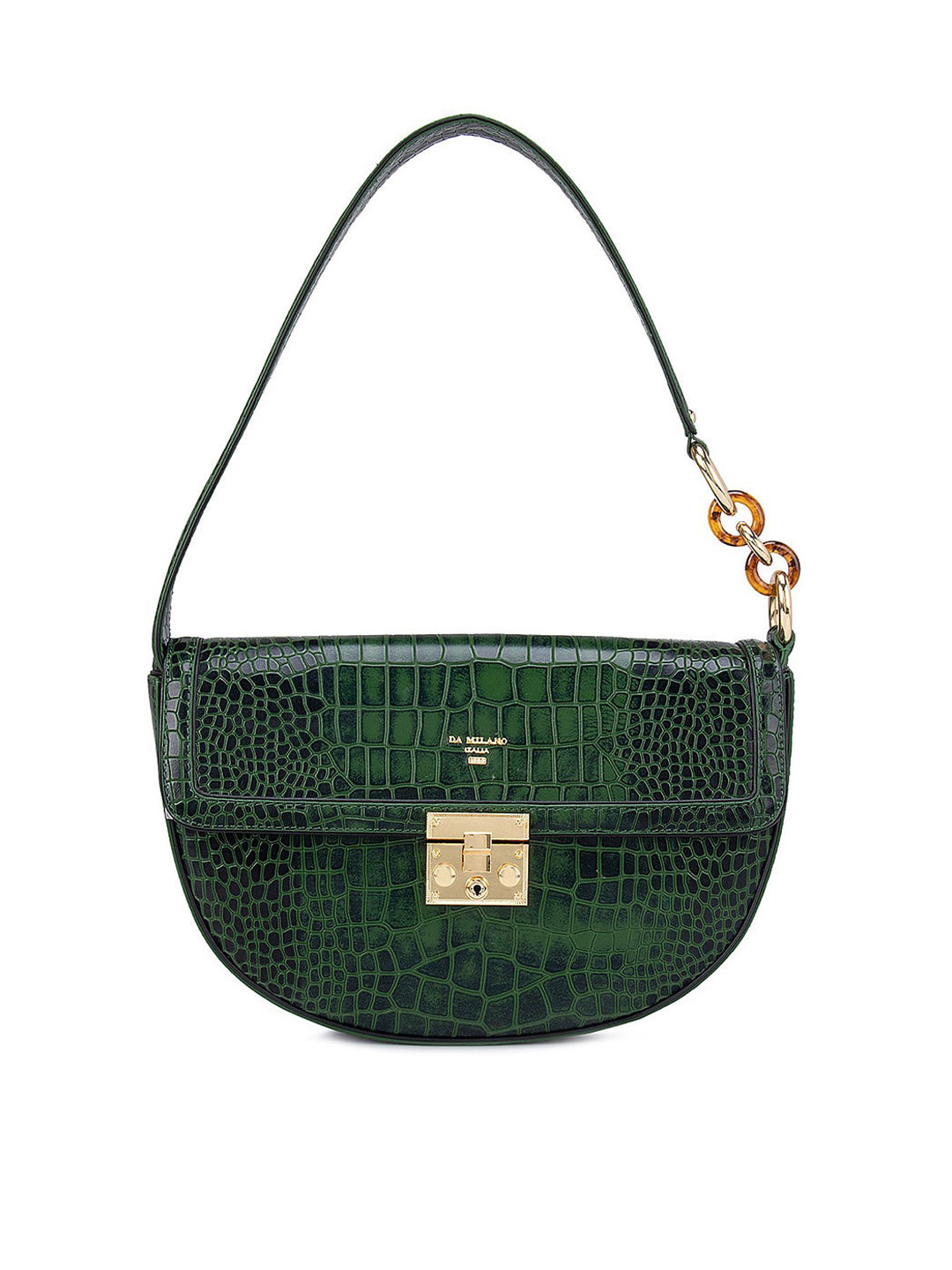 

Da Milano Textured Leather Half Moon Sling Bag with Cut Work, Green