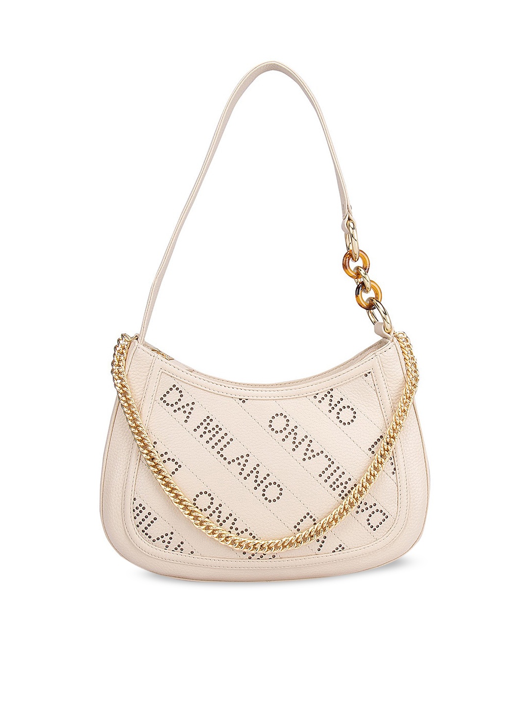 

Da Milano Embellished Leather Oversized Half Moon Hobo Bag with Cut Work, Beige
