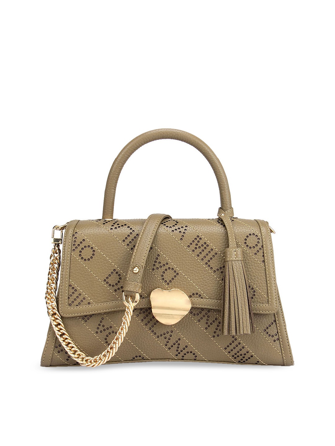 

Da Milano Women Printed Leather Structured Satchel with Tasselled, Green