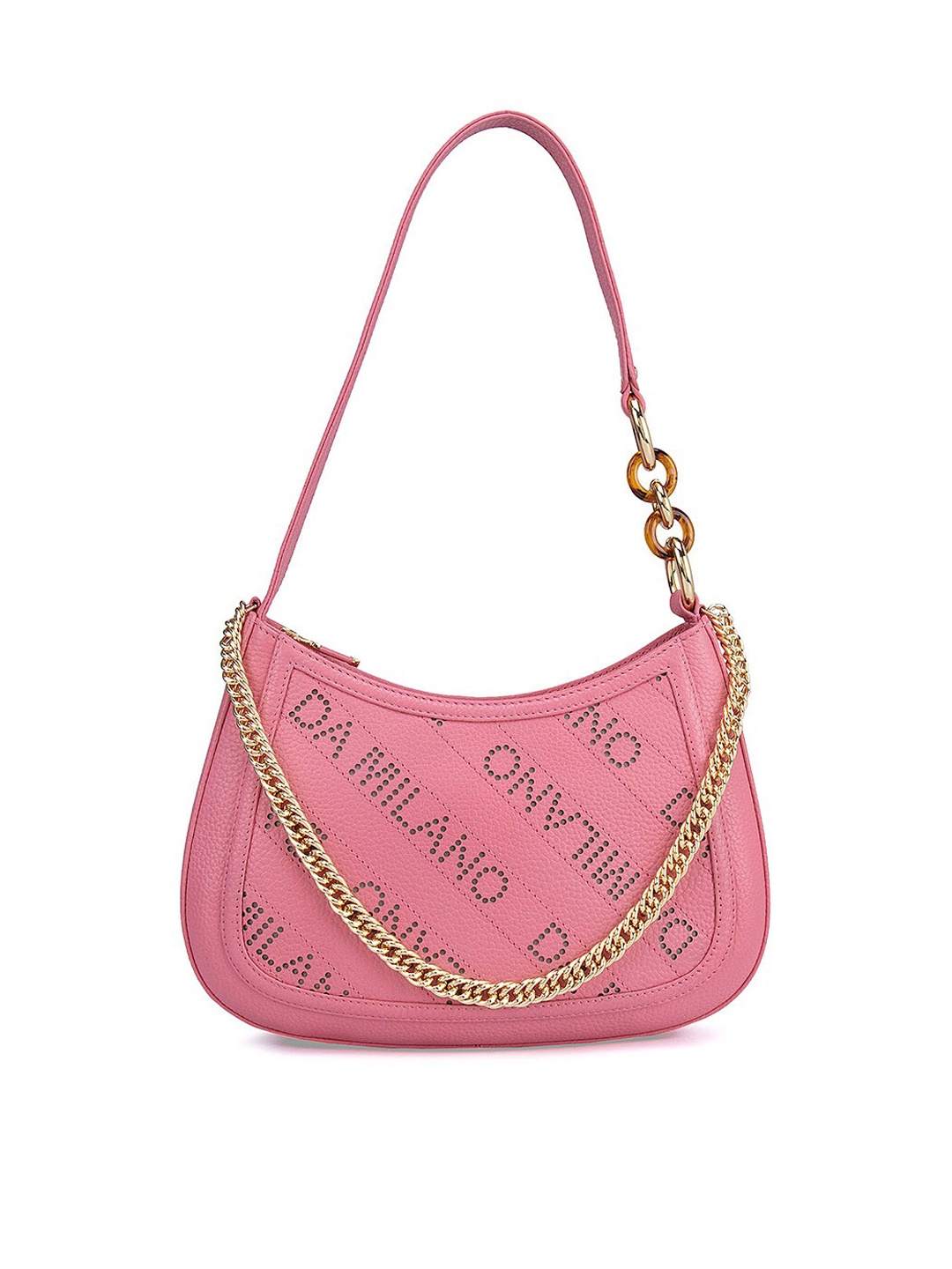 

Da Milano Pink Leather Structured Shoulder Bag with Cut Work