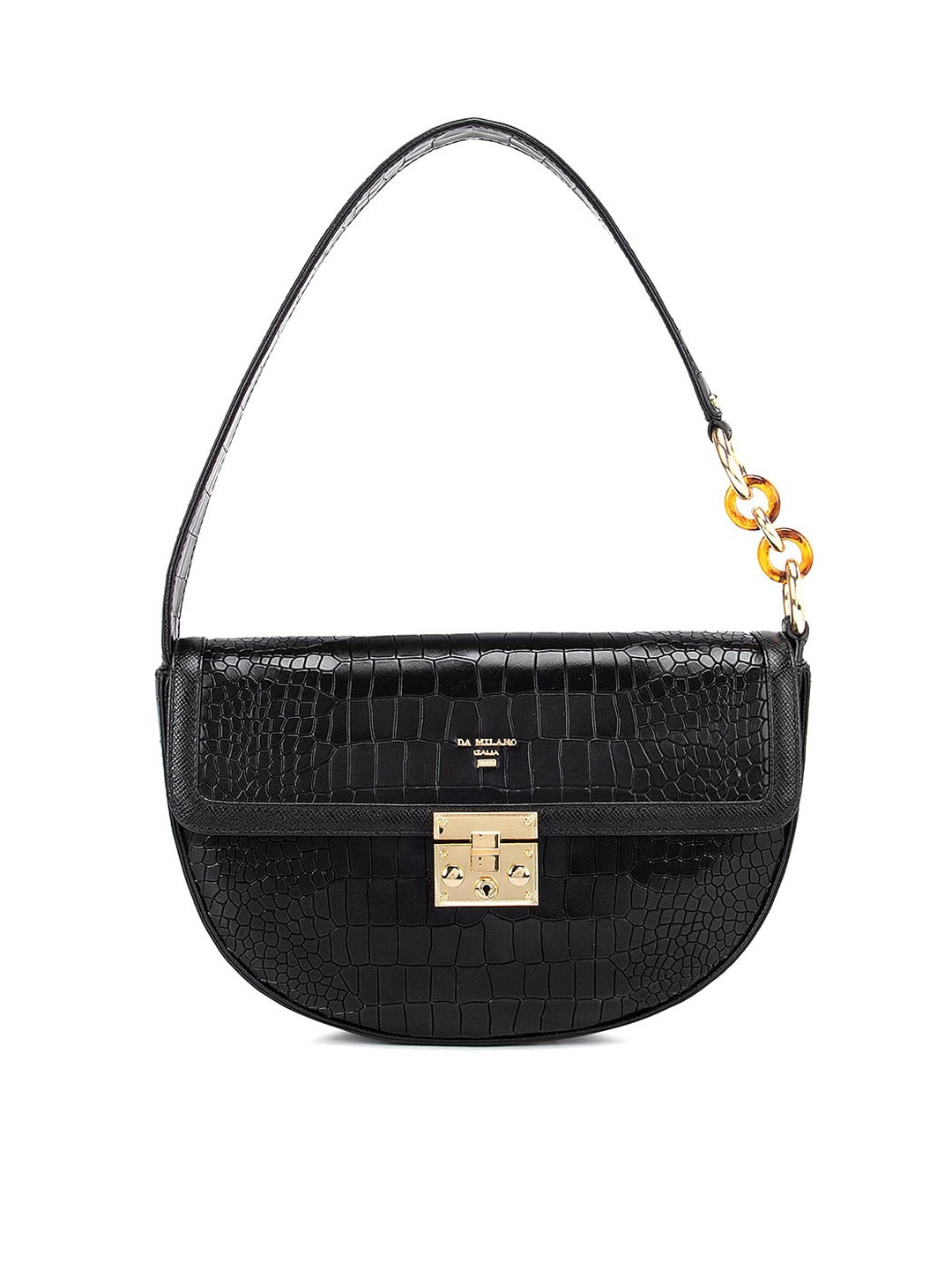 

Da Milano Women Animal Textured Leather Half Moon Handheld Bag, Black