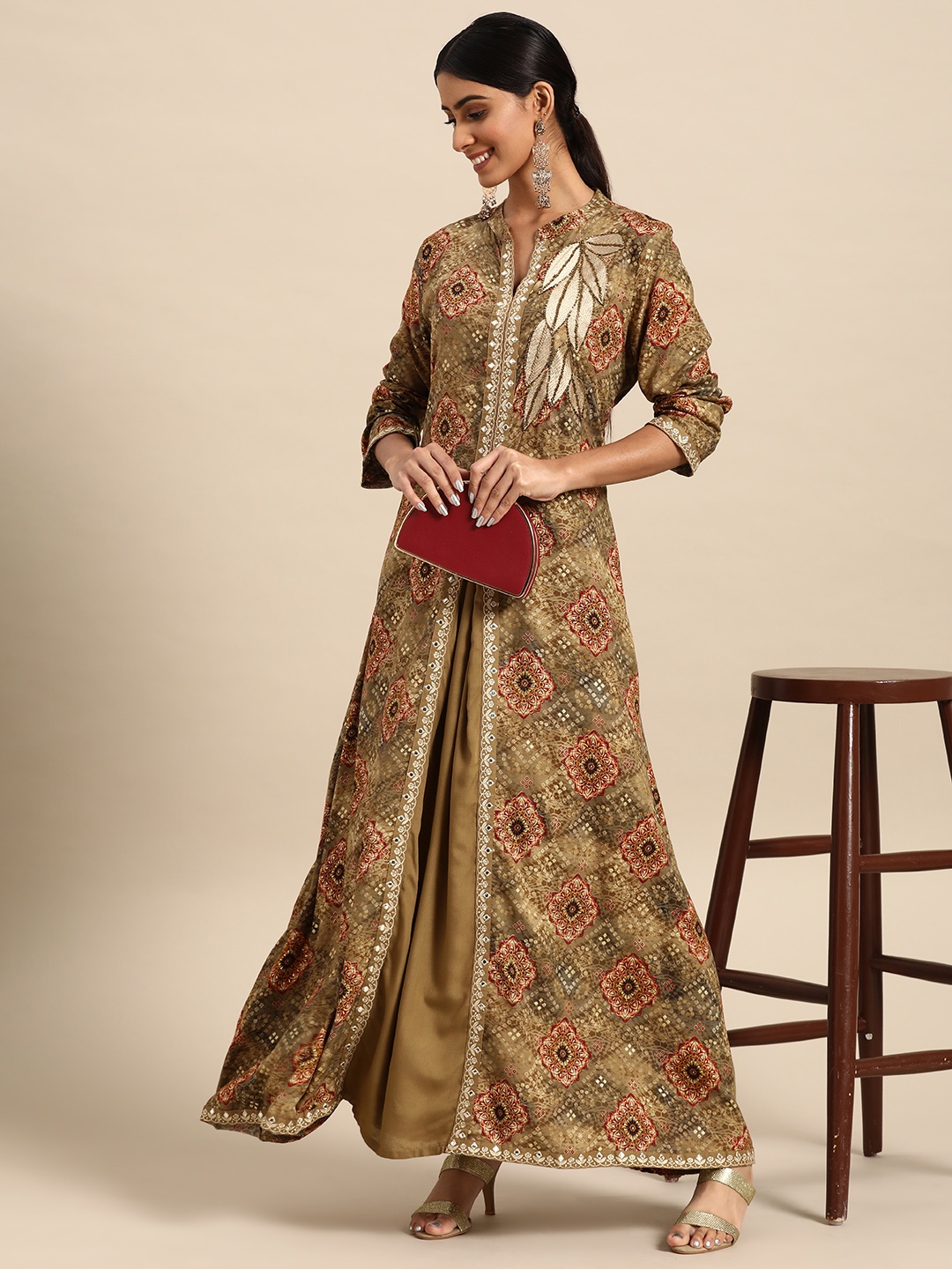 

Sangria Women Olive & Red Ethnic Motifs Print Embellished Maxi Ethnic Dress
