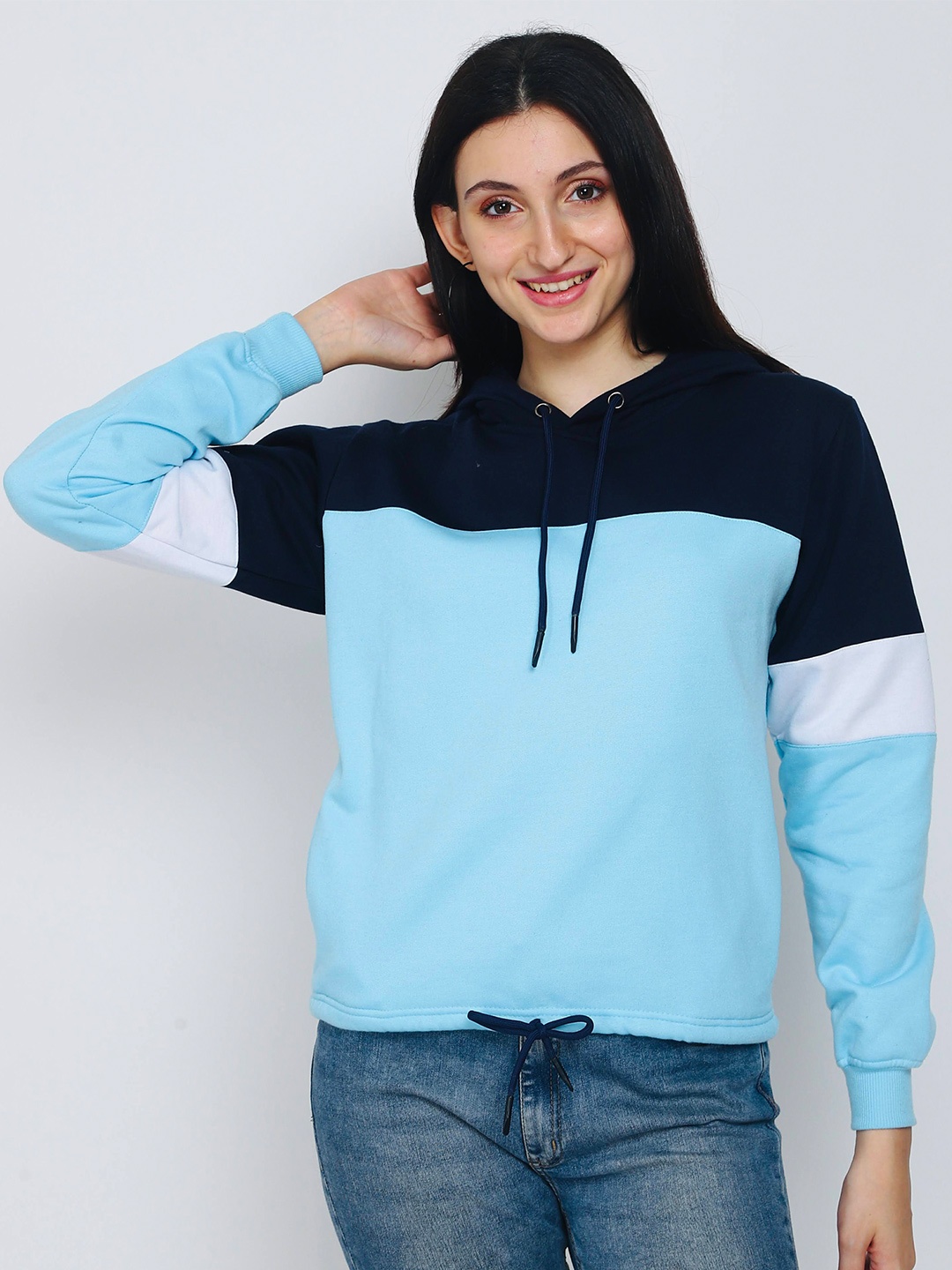 

FLAMBOYANT Women Colourblocked Hooded Sweatshirt, Turquoise blue