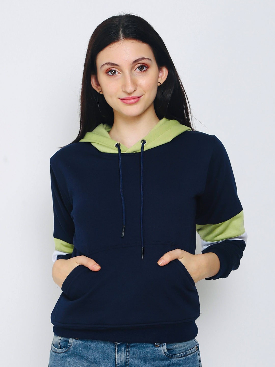 

FLAMBOYANT Women Colourblocked Hooded Sweatshirt, Navy blue