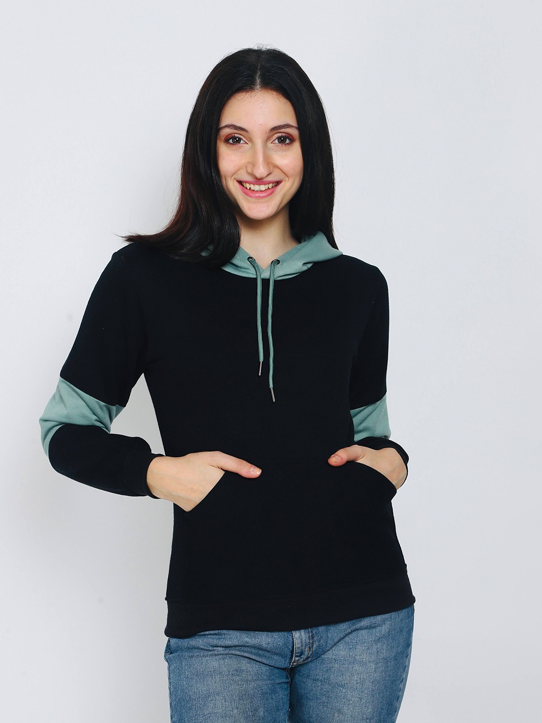 

FLAMBOYANT Women Colourblocked Hooded Sweatshirt, Black