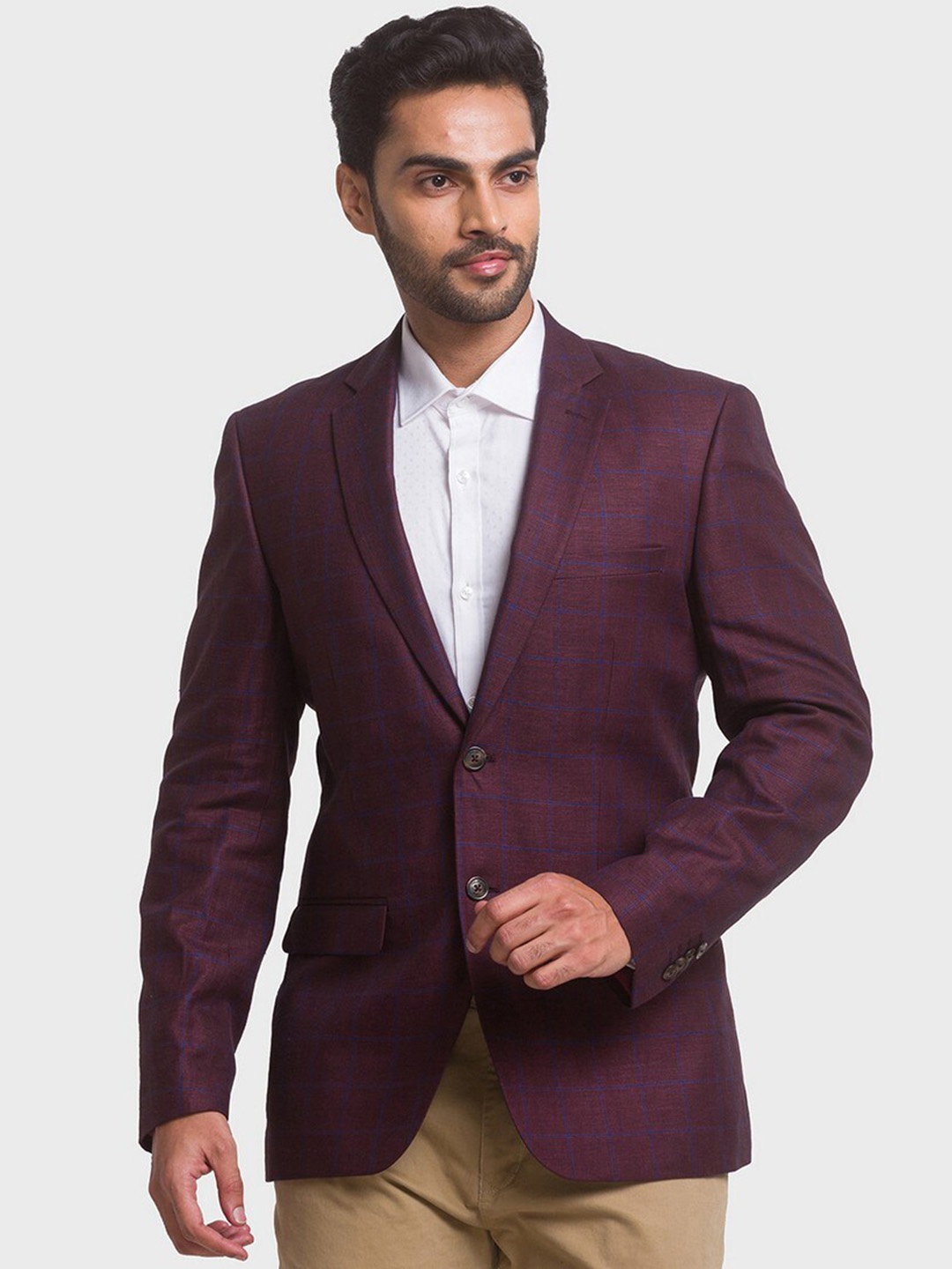 

ColorPlus Men Plus Size Red Checked Single-Breasted Linen Formal Blazer