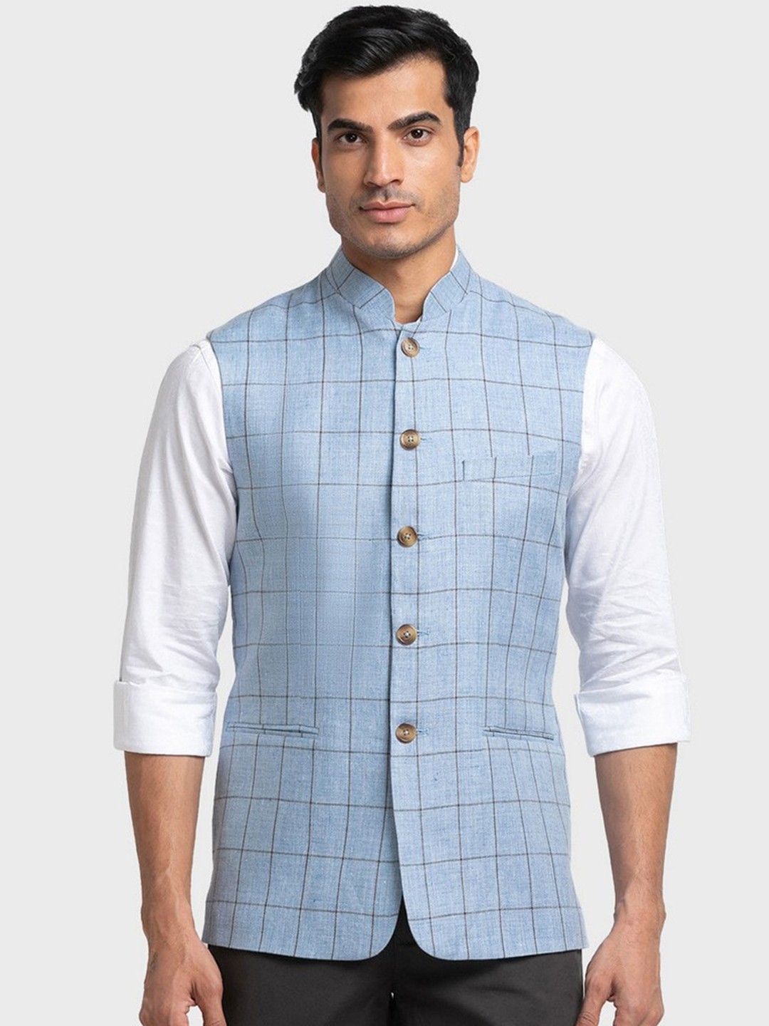 

ColorPlus Blue Checked Linen Nehru Jacket
