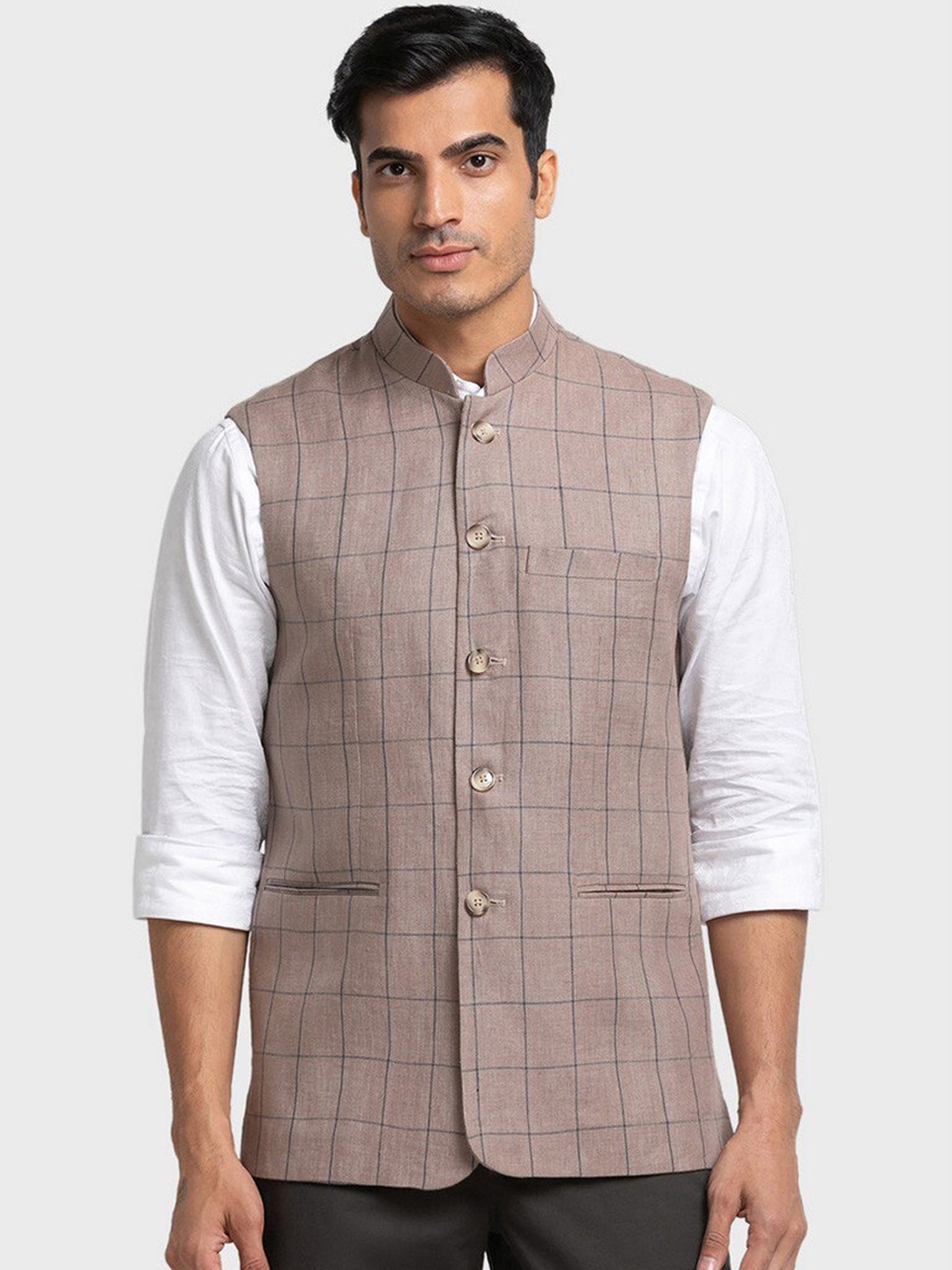 

ColorPlus Men Beige Checked Linen Waistcoat
