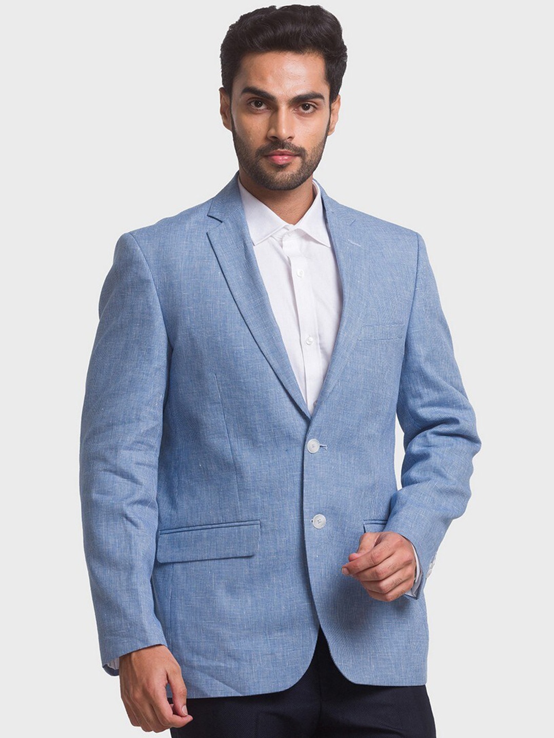 

ColorPlus Men Plus Size Blue Self Design Single-Breasted Linen Formal Blazer