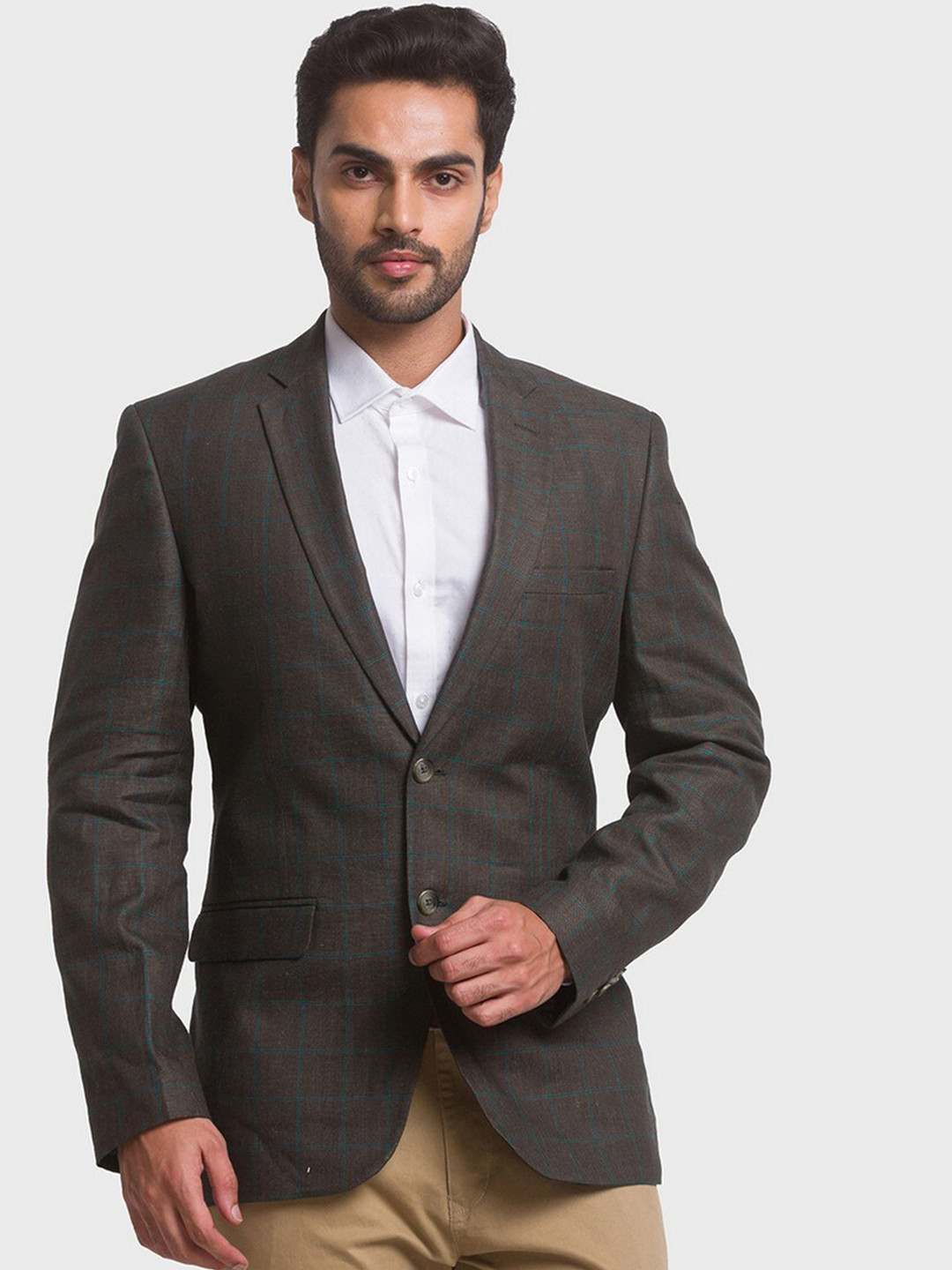 

ColorPlus Men Green & Brown Checked Single-Breasted Formal Linen Blazer