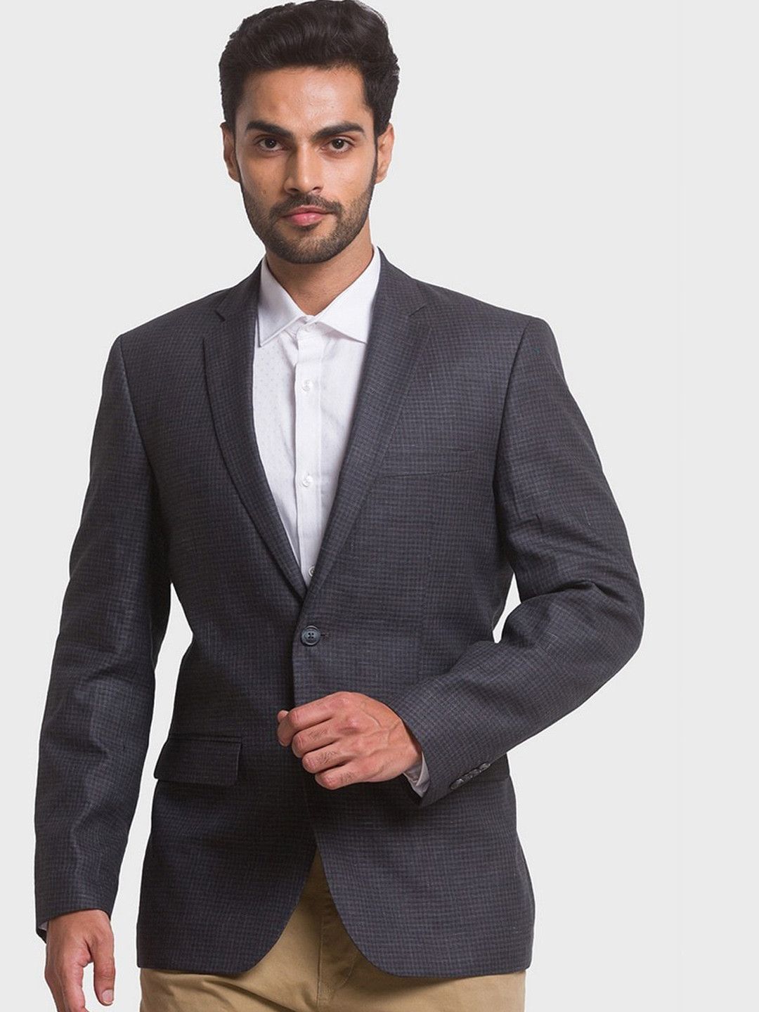 

ColorPlus Men Plus Size Grey Checked Single-Breasted Pure Cotton Formal Blazers
