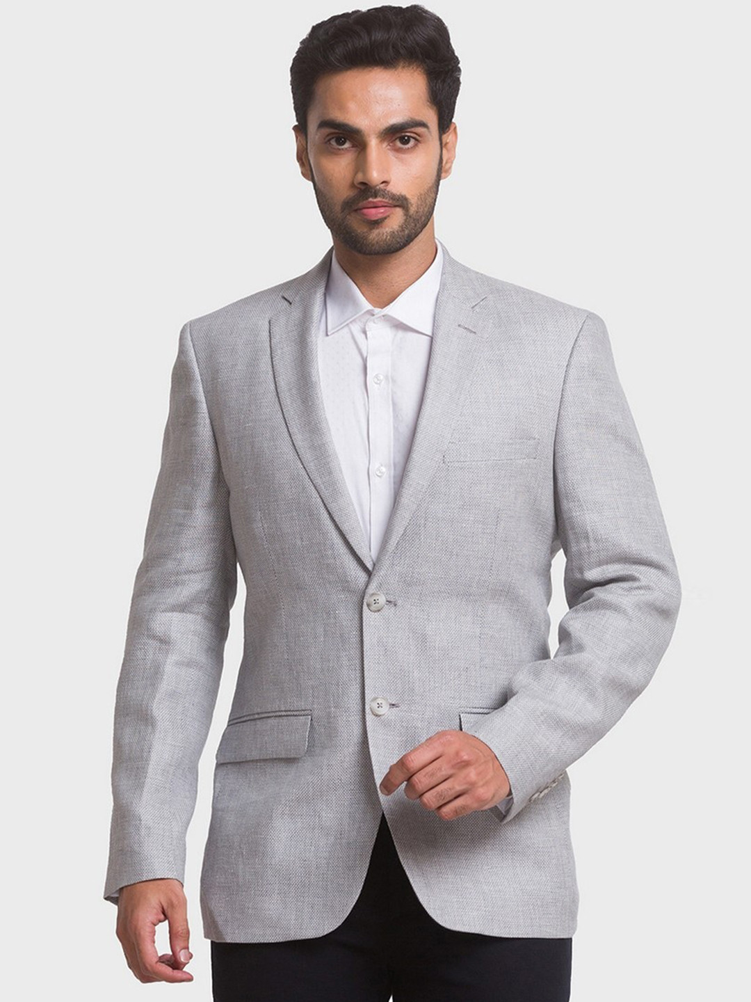 

ColorPlus Men Plus Size Grey Self Design Single-Breasted Pure Cotton Formal Blazers