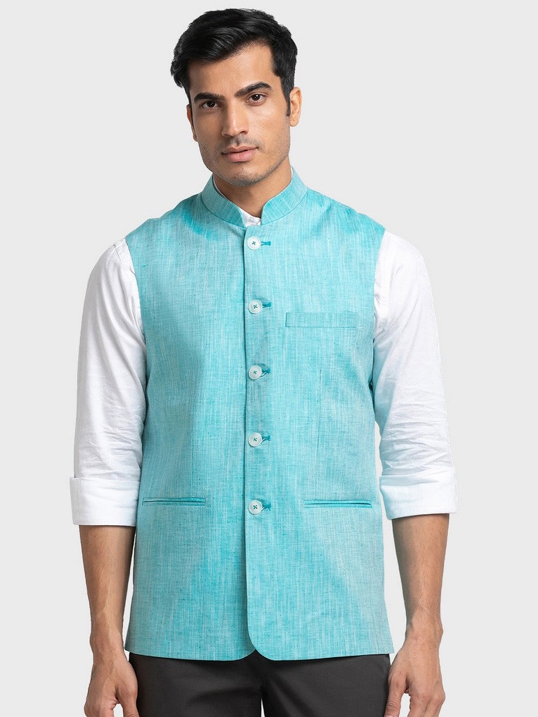 

ColorPlus Men Sea Green Solid Nehru jacket