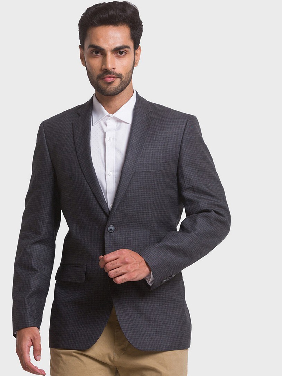 

ColorPlus Men Grey Self Design Pure Cotton Single-Breasted Formal Blazers