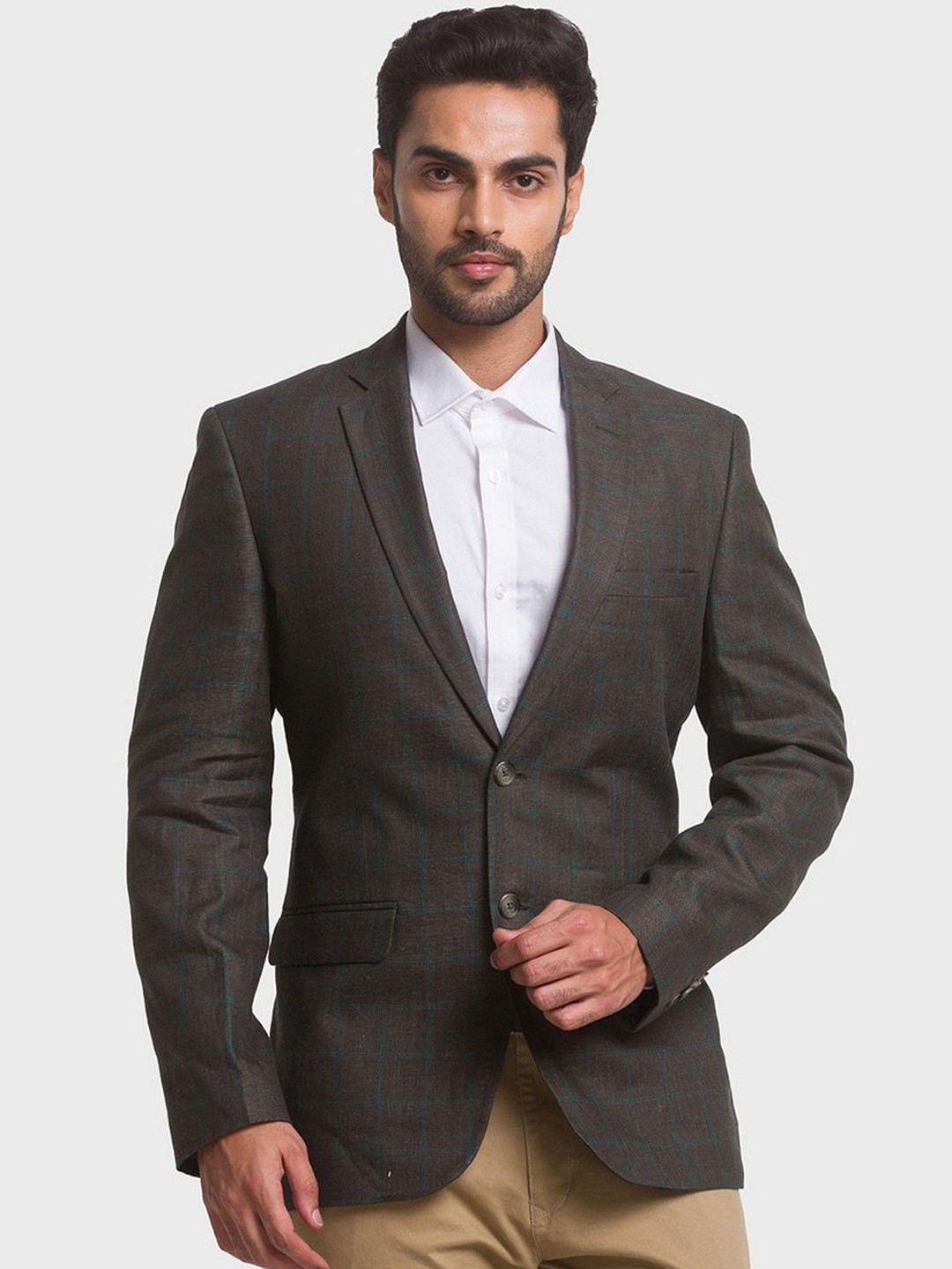 

ColorPlus Men Green & Brown Checked Single-Breasted Linen Formal Blazers